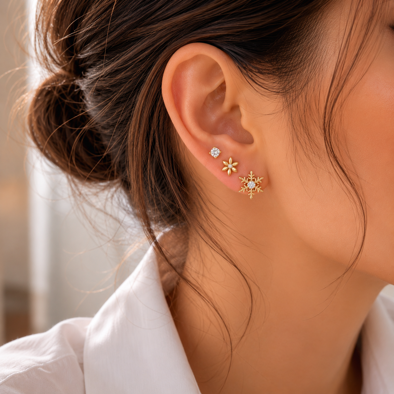 The Celestial Stud Edit (Snowflake · Crystal solitaire · Daisy flower)