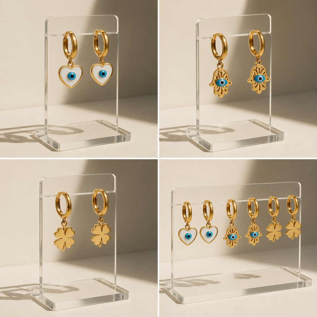 The Anti-tarnish Lucky Charm Edit - (Heart evil eye · Hamsa evil eye · Four-leaf clover)