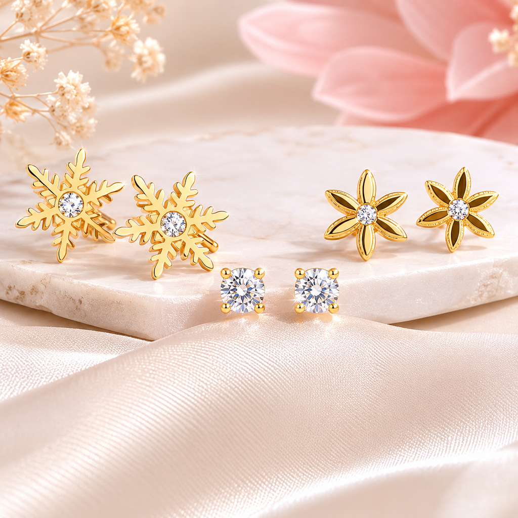 The Celestial Stud Edit (Snowflake · Crystal solitaire · Daisy flower)