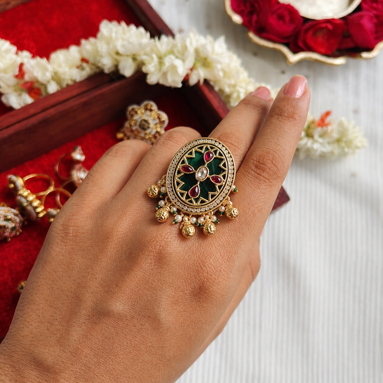 Large Oval Kundan Ring | Green Stone, Ruby, Polki & Pearl Ghungroo Drops