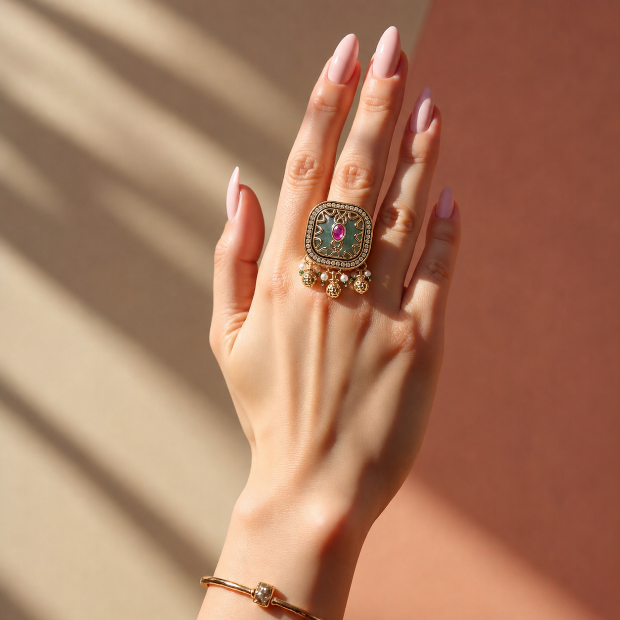 Large Square Kundan Ring | Sea Green Stone, Ruby, Polki & Pearl Ghungroo Drops
