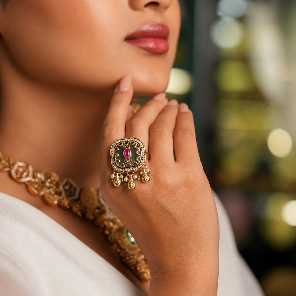Large Square Kundan Ring | Sea Green Stone, Ruby, Polki & Pearl Ghungroo Drops
