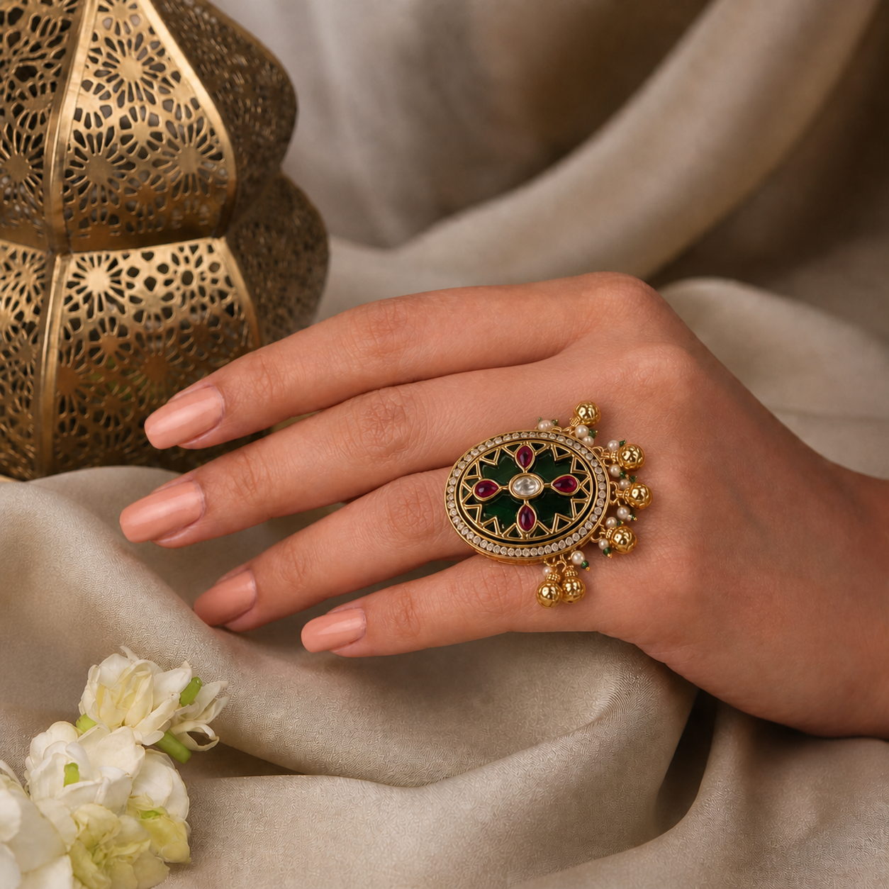 Large Oval Kundan Ring | Green Stone, Ruby, Polki & Pearl Ghungroo Drops