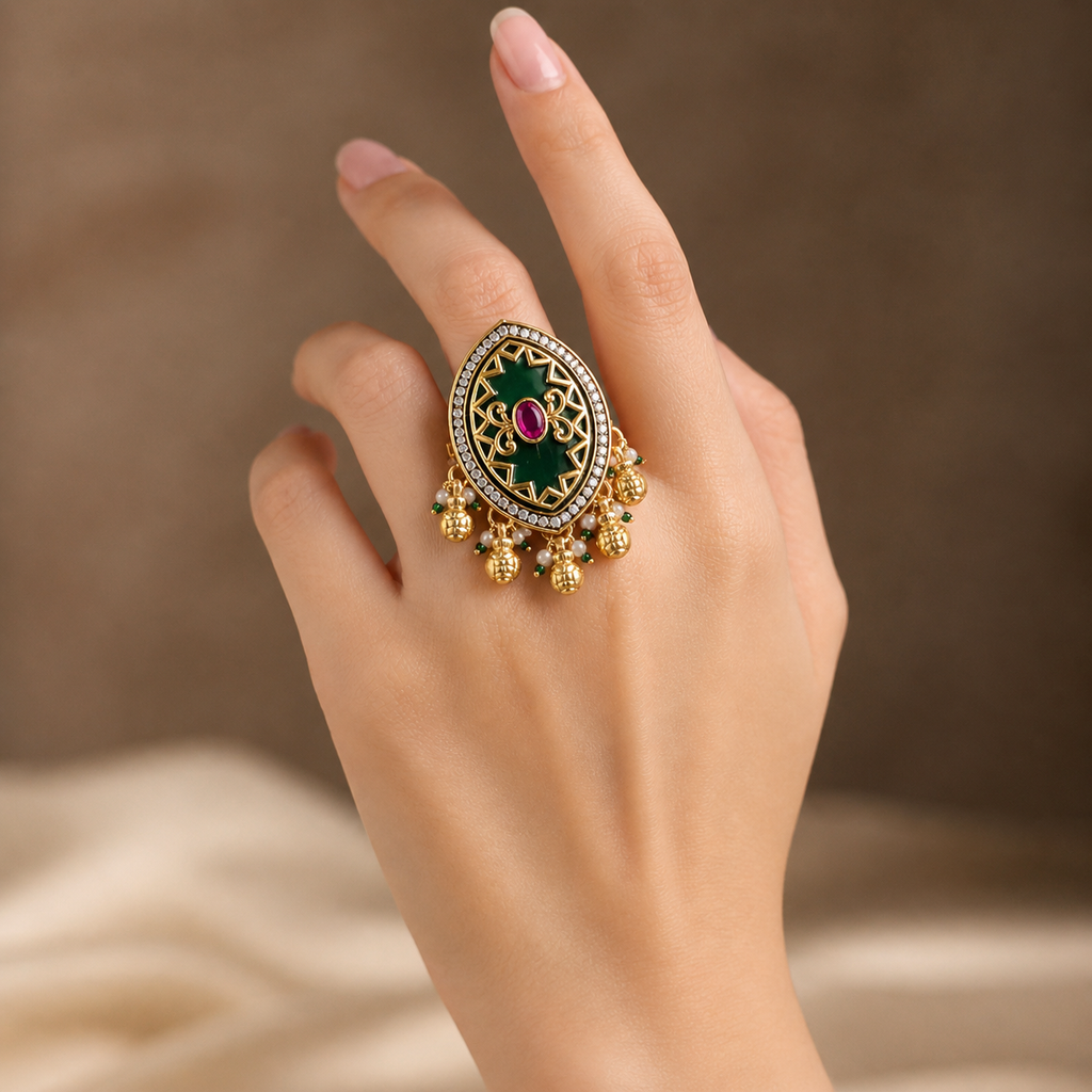 Large Kundan Ring | Green Stone, Ruby, Polki & Pearl Ghungroo Drops