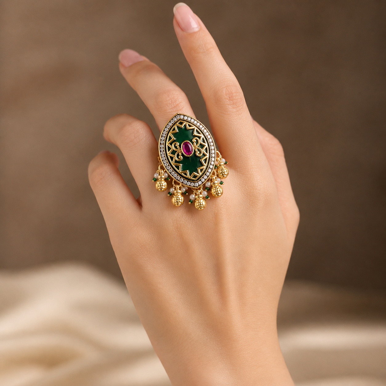 Large Kundan Ring | Green Stone, Ruby, Polki & Pearl Ghungroo Drops
