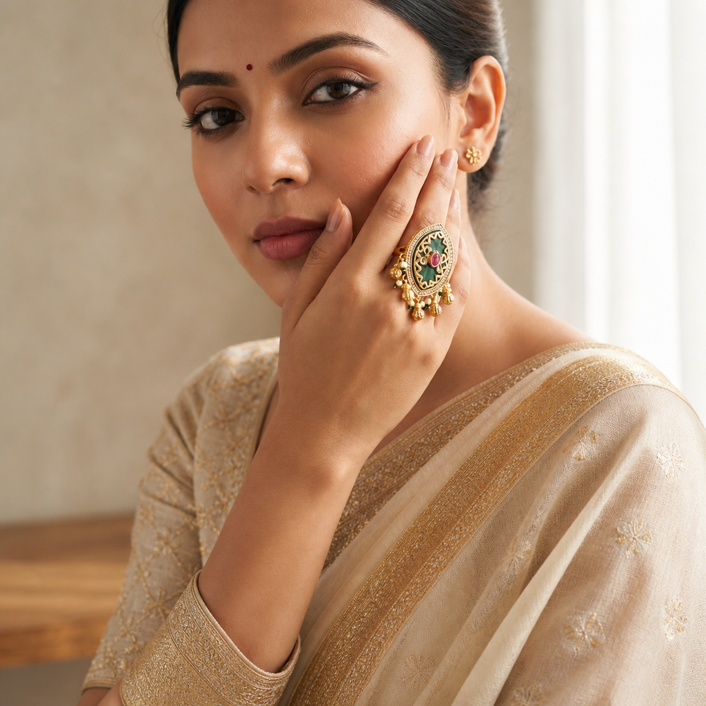 Large Kundan Ring | Green Stone, Ruby, Polki & Pearl Ghungroo Drops
