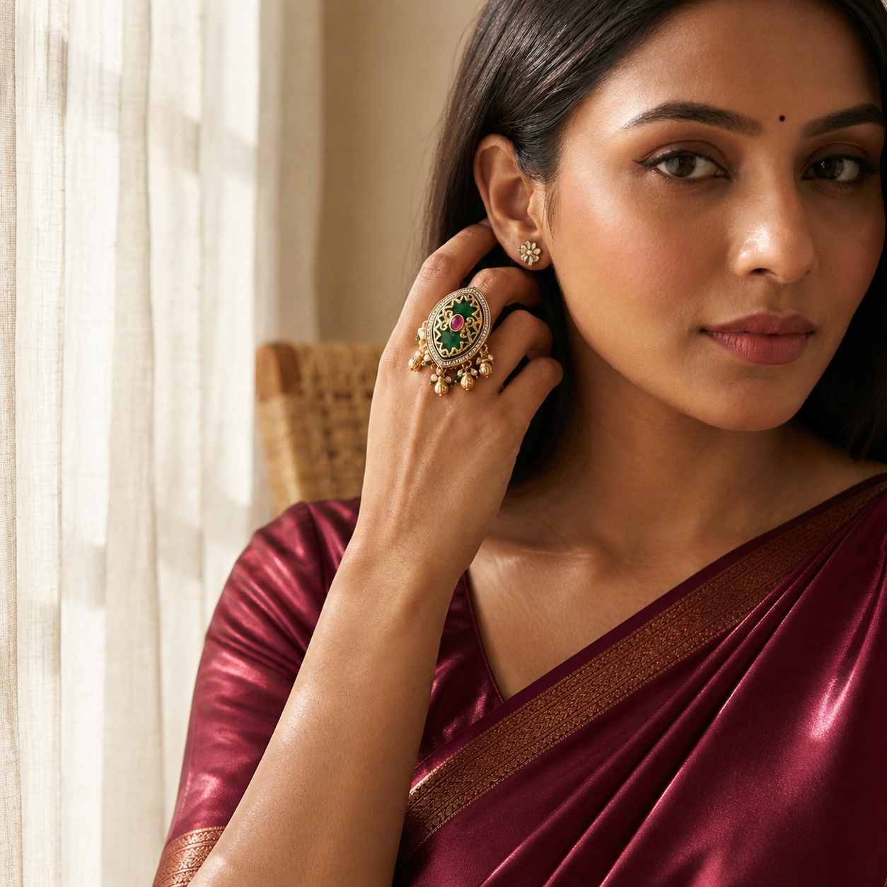 Large Kundan Ring | Green Stone, Ruby, Polki & Pearl Ghungroo Drops
