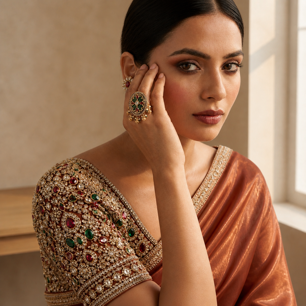 Large Oval Kundan Ring | Green Stone, Ruby, Polki & Pearl Ghungroo Drops