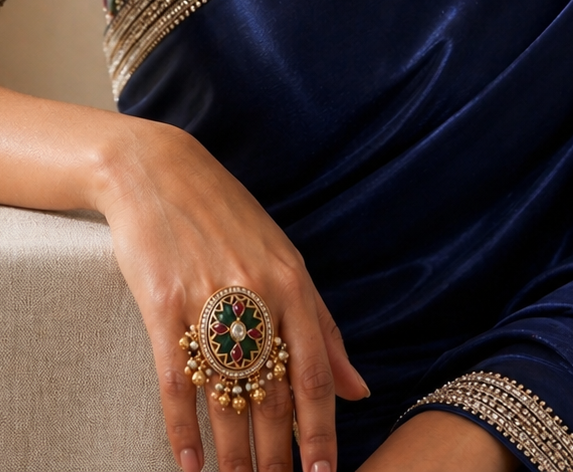 Large Oval Kundan Ring | Green Stone, Ruby, Polki & Pearl Ghungroo Drops