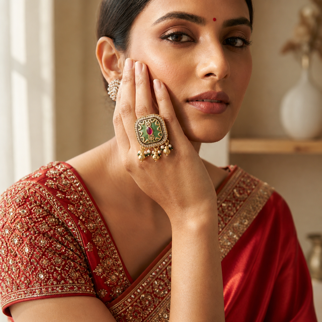 Large Square Kundan Ring | Sea Green Stone, Ruby, Polki & Pearl Ghungroo Drops