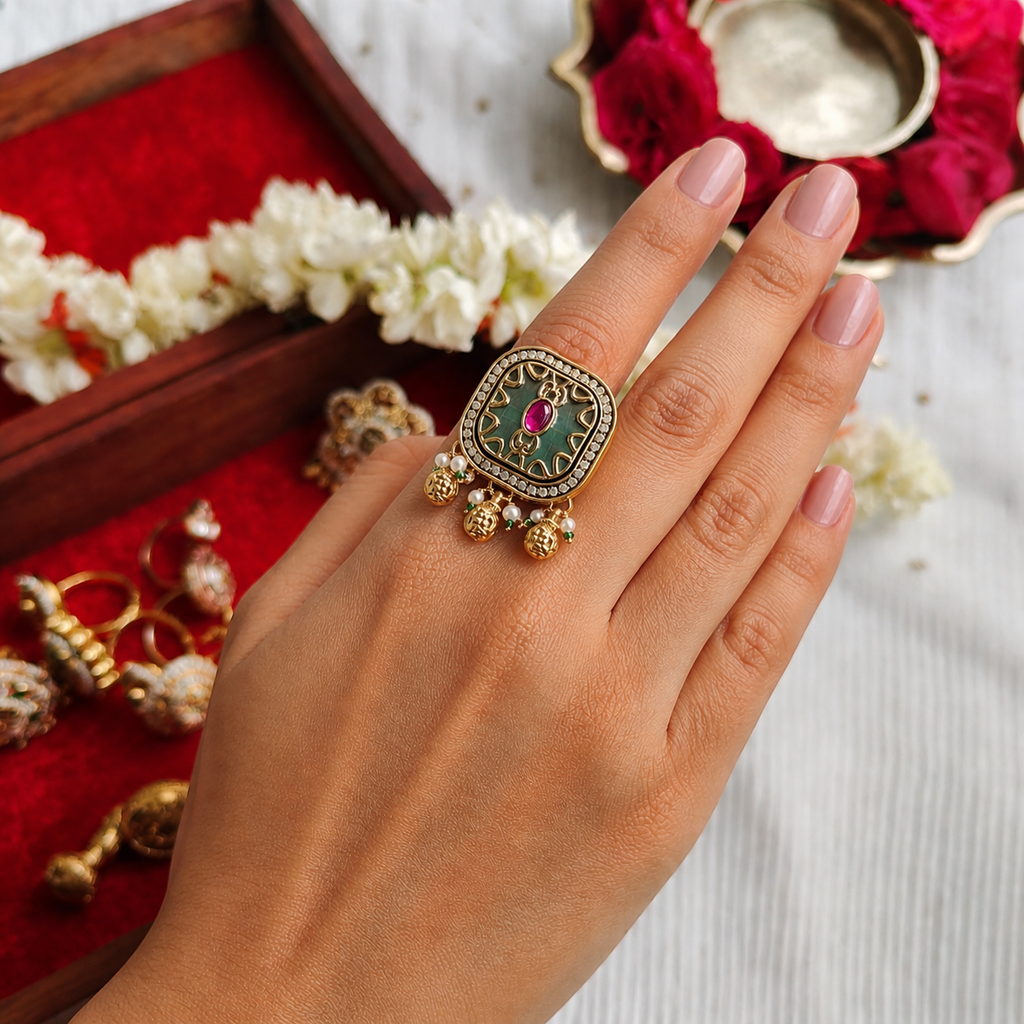 Large Square Kundan Ring | Sea Green Stone, Ruby, Polki & Pearl Ghungroo Drops