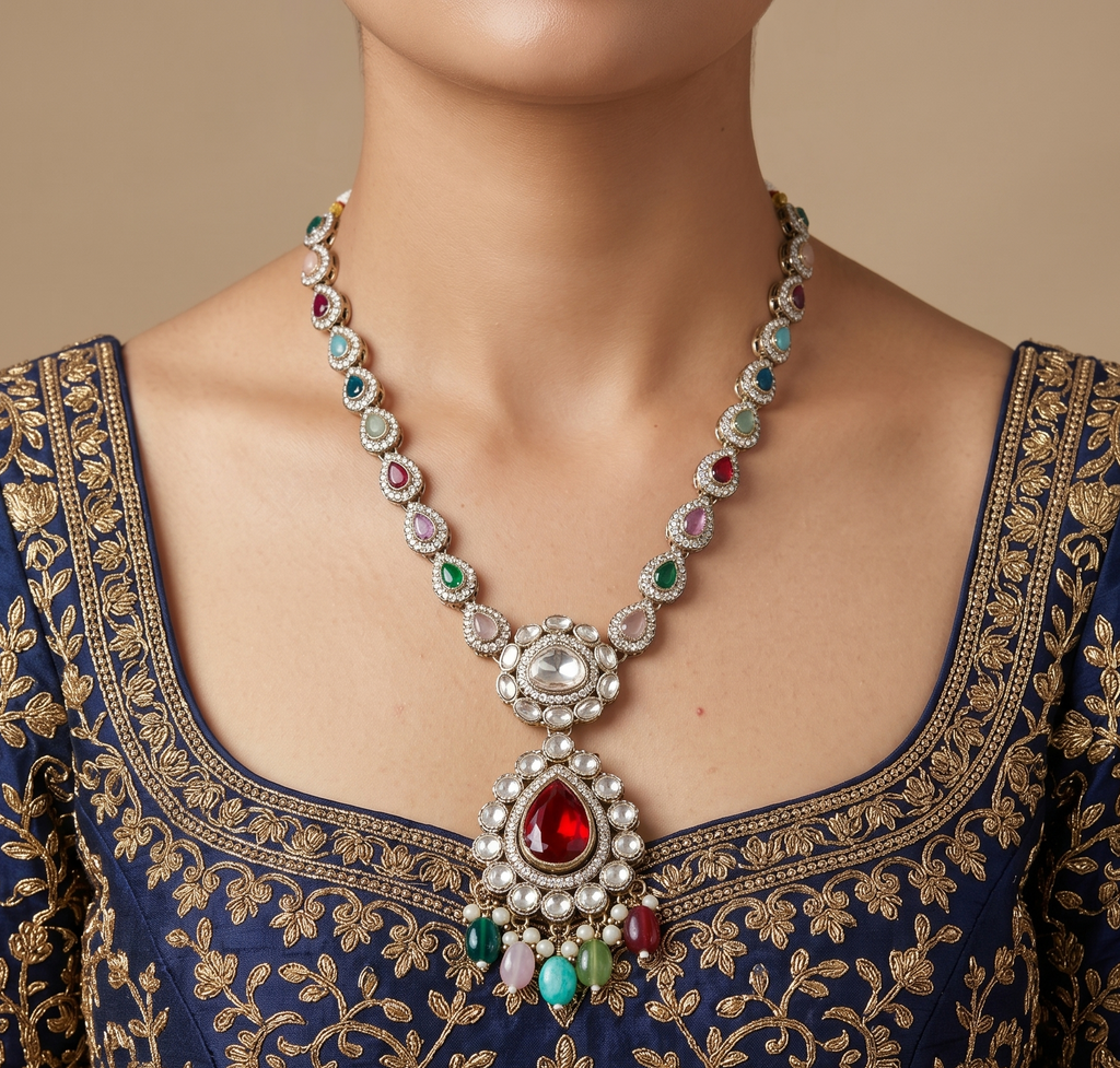 Rang Rasiya - Multicolour Kundan Necklace with Ruby Pendant, Tassel & Chandbalis