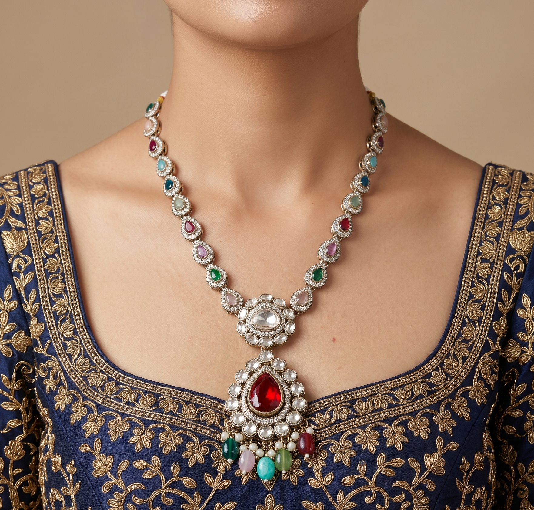 Rang Rasiya - Multicolour Kundan Necklace with Ruby Pendant, Tassel & Chandbalis