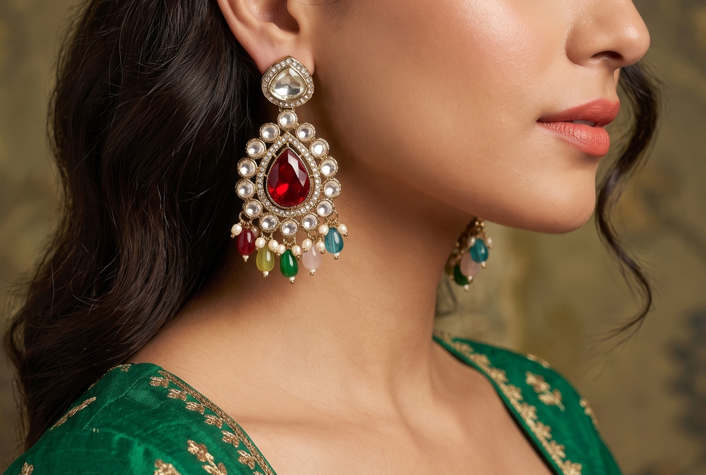 Rang Rasiya - Multicolour Kundan Necklace with Ruby Pendant, Tassel & Chandbalis