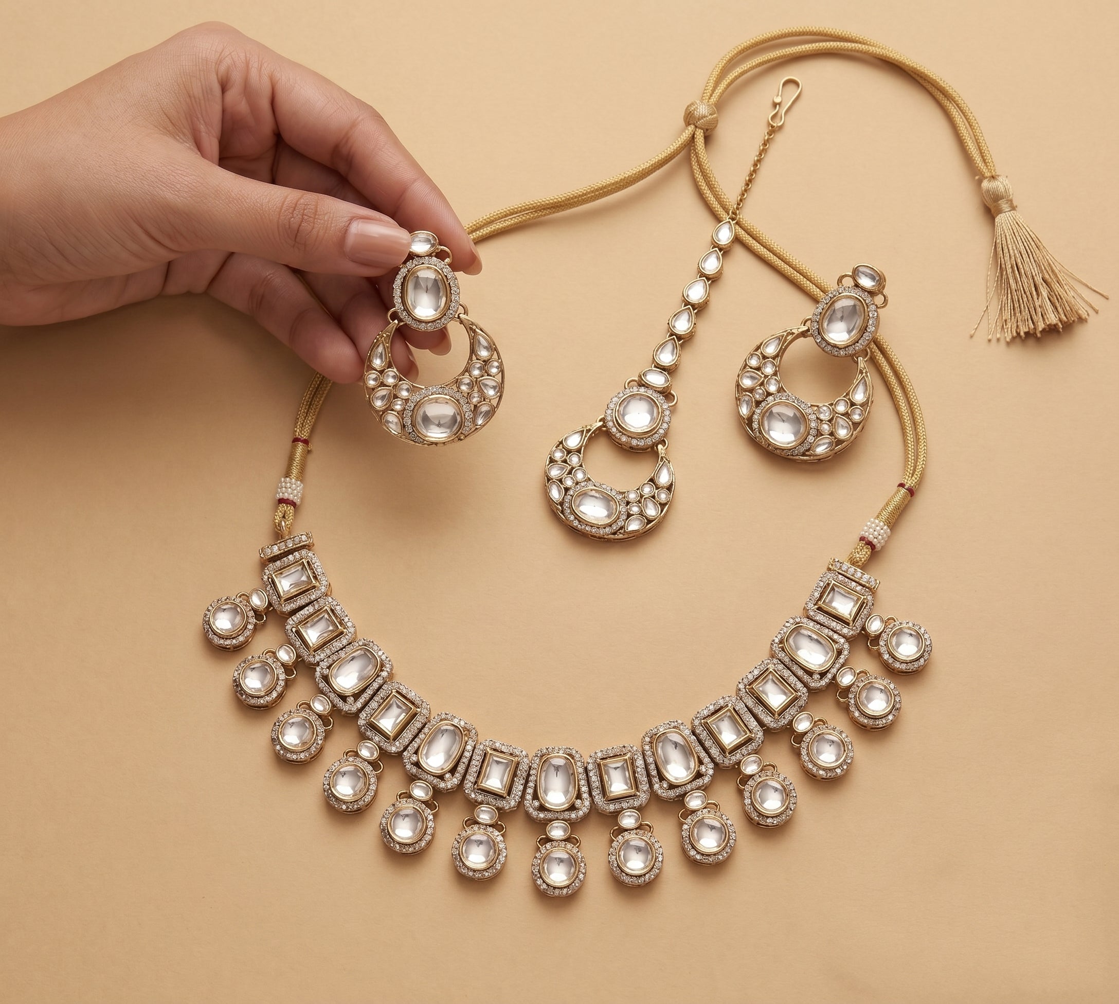 Noor-e-Polki Set- Polki Choker with Crescent Chandbalis & Maang Tikka (Model Look)