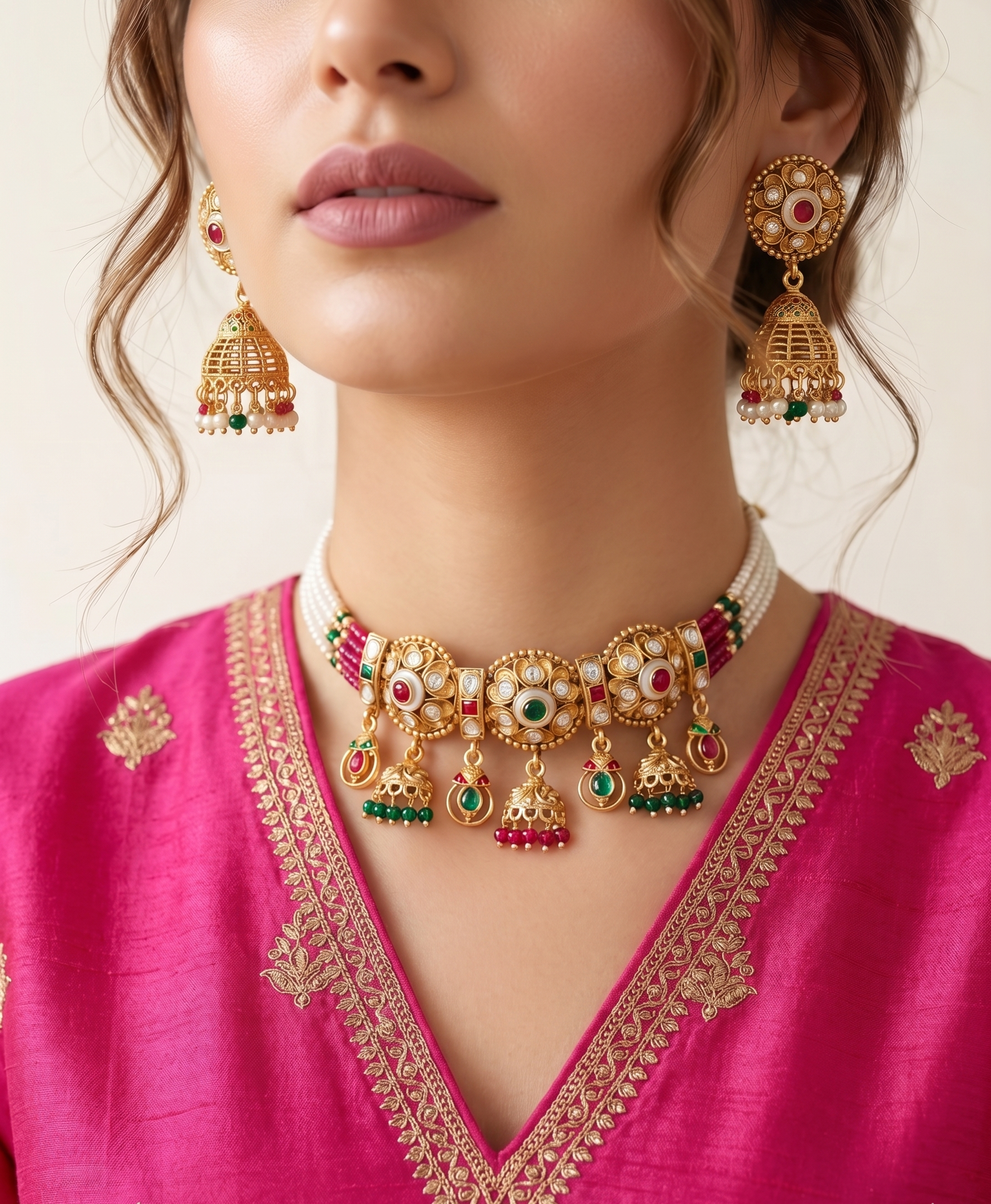 Rang Mahal - Kundan Choker Set with Ruby, Emerald & Jhumka Drops