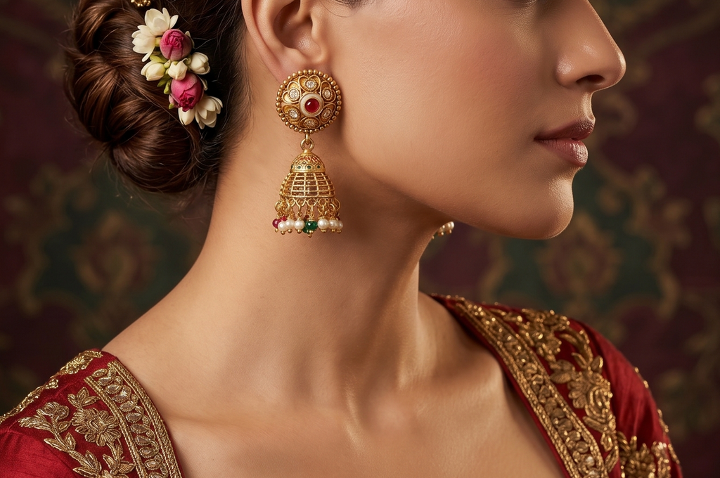 Rang Mahal - Kundan Choker Set with Ruby, Emerald & Jhumka Drops