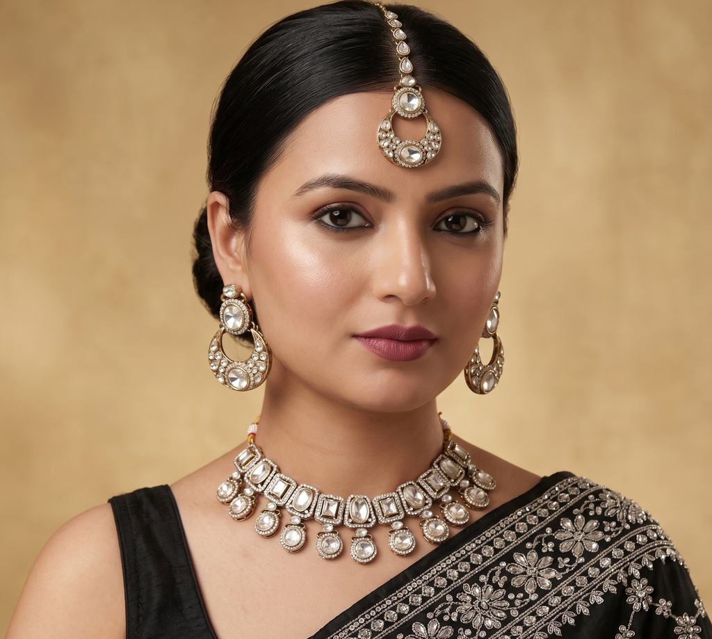 Noor-e-Polki Set- Polki Choker with Crescent Chandbalis & Maang Tikka (Model Look)
