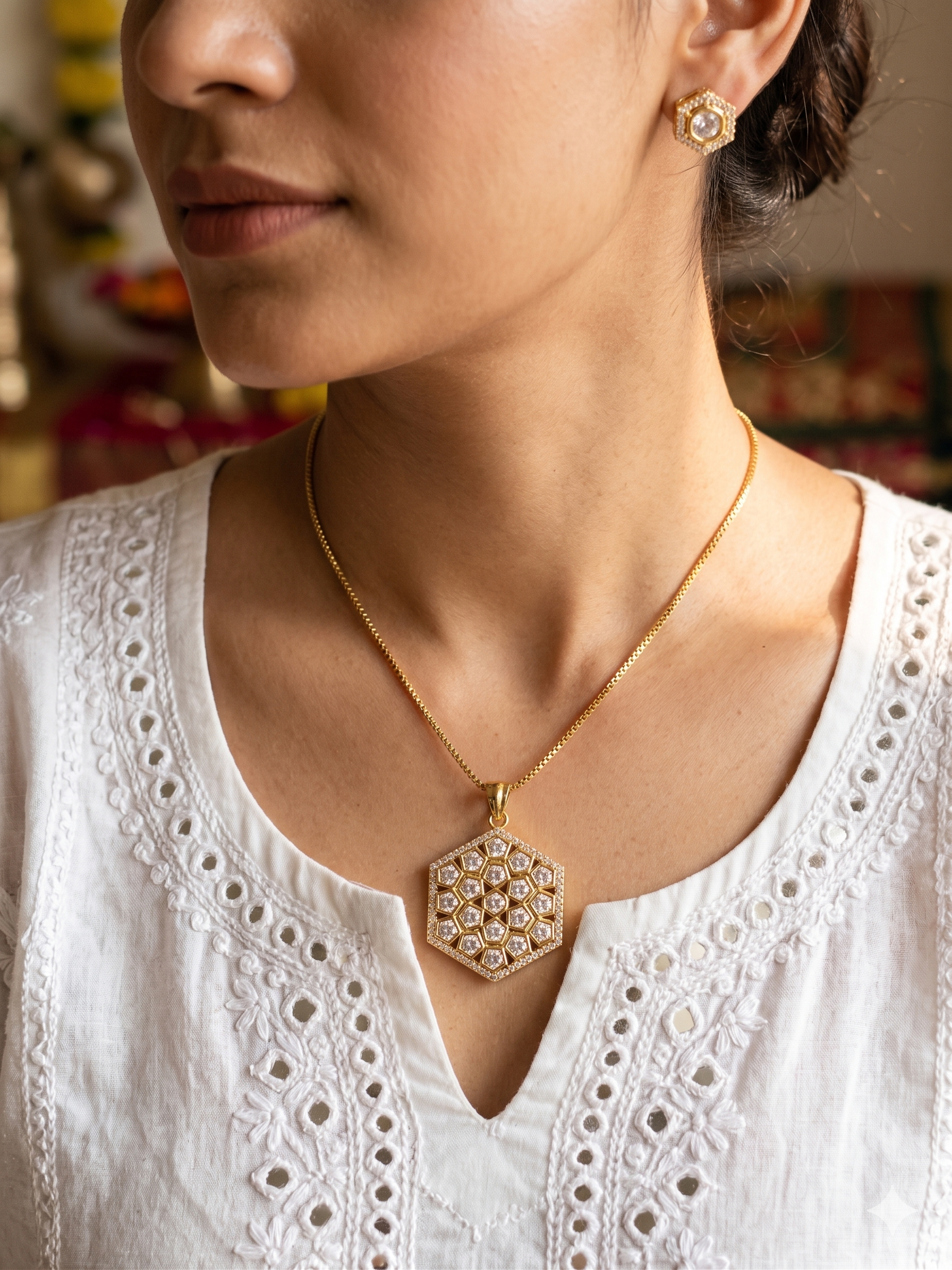 The Geo Edit - Modern Gold Hexagonal CZ Pendant & Stud Set (24 Carat Gold Plated)