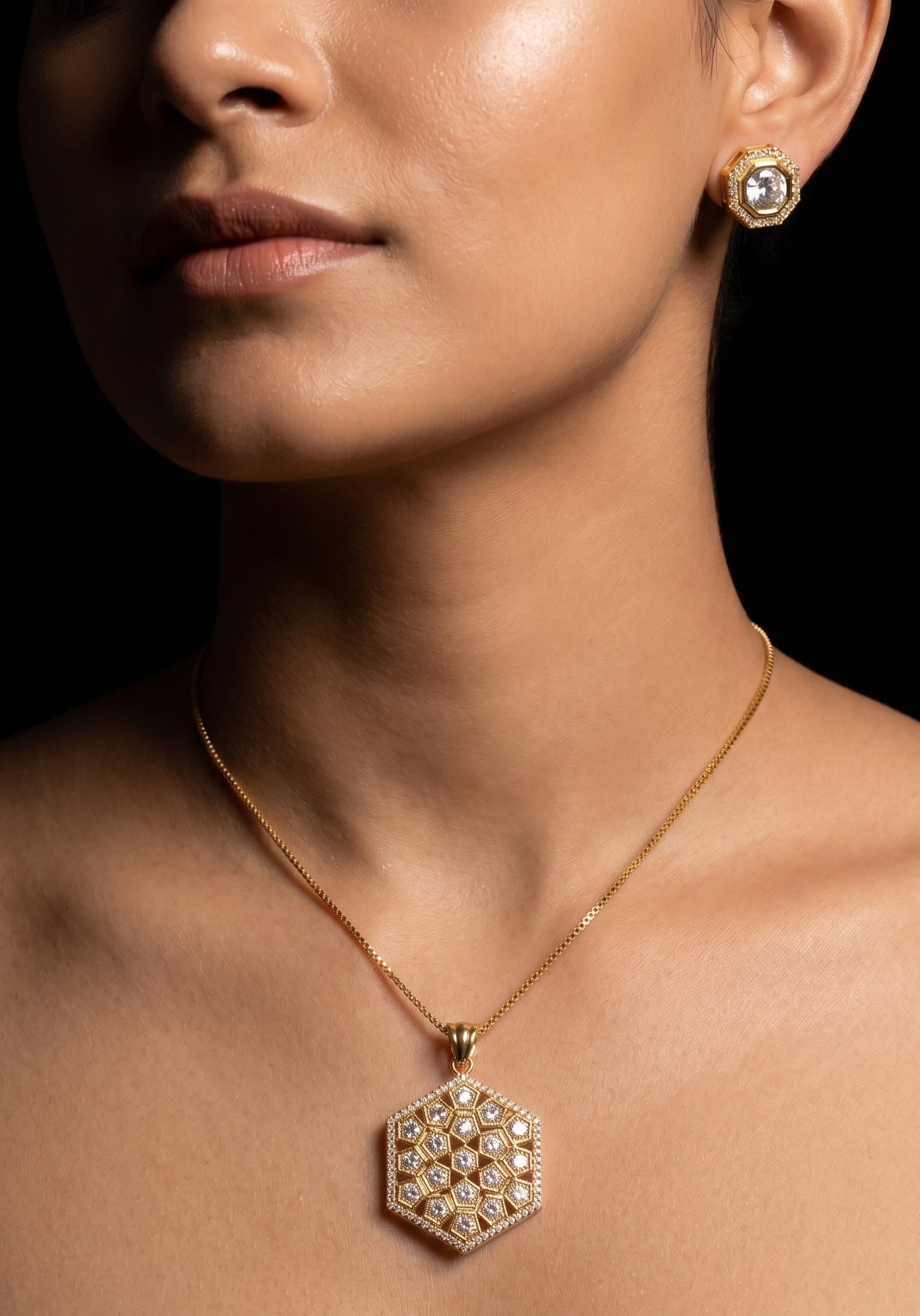 The Geo Edit - Modern Gold Hexagonal CZ Pendant & Stud Set (24 Carat Gold Plated)