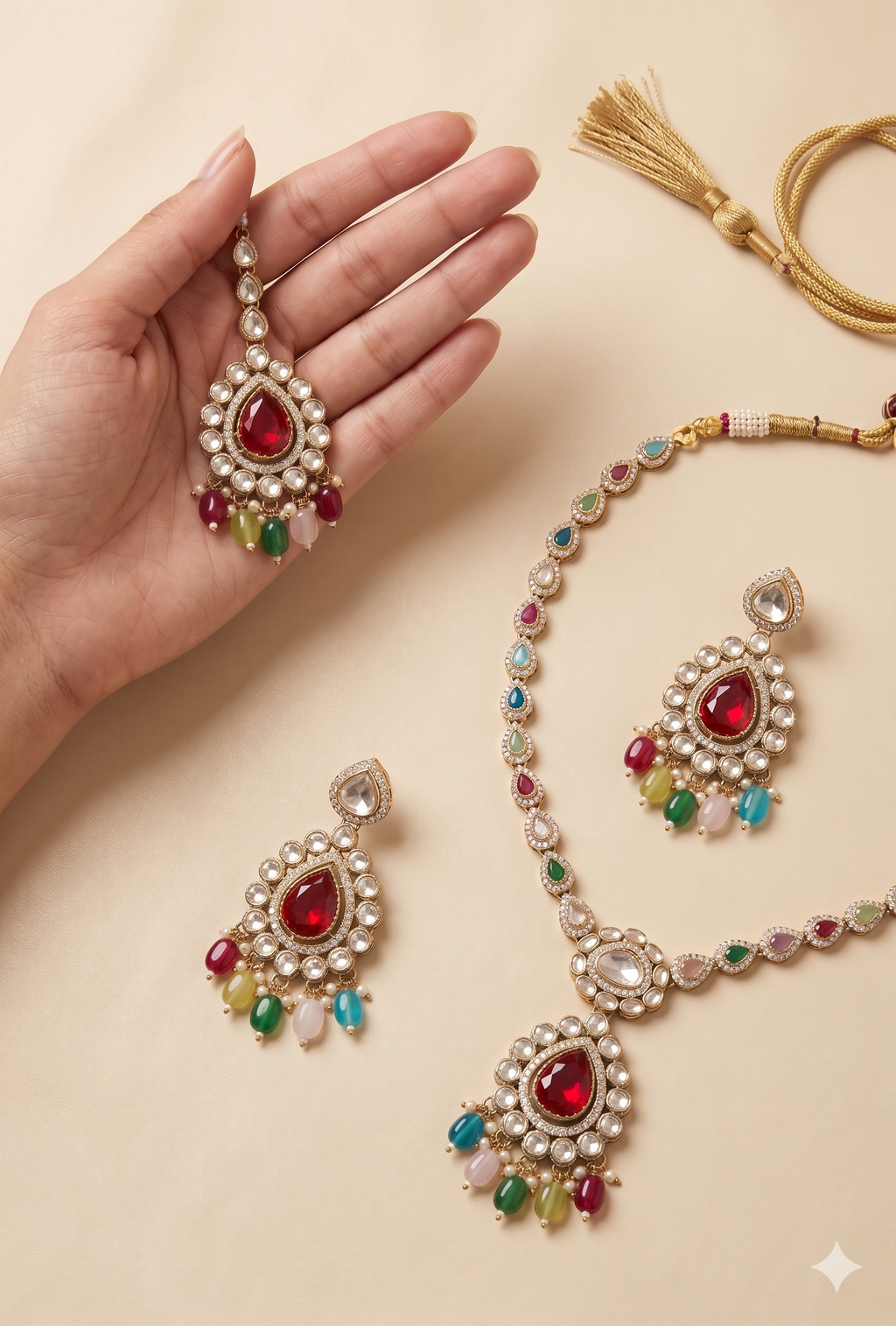 Rang Rasiya - Multicolour Kundan Necklace with Ruby Pendant, Tassel & Chandbalis