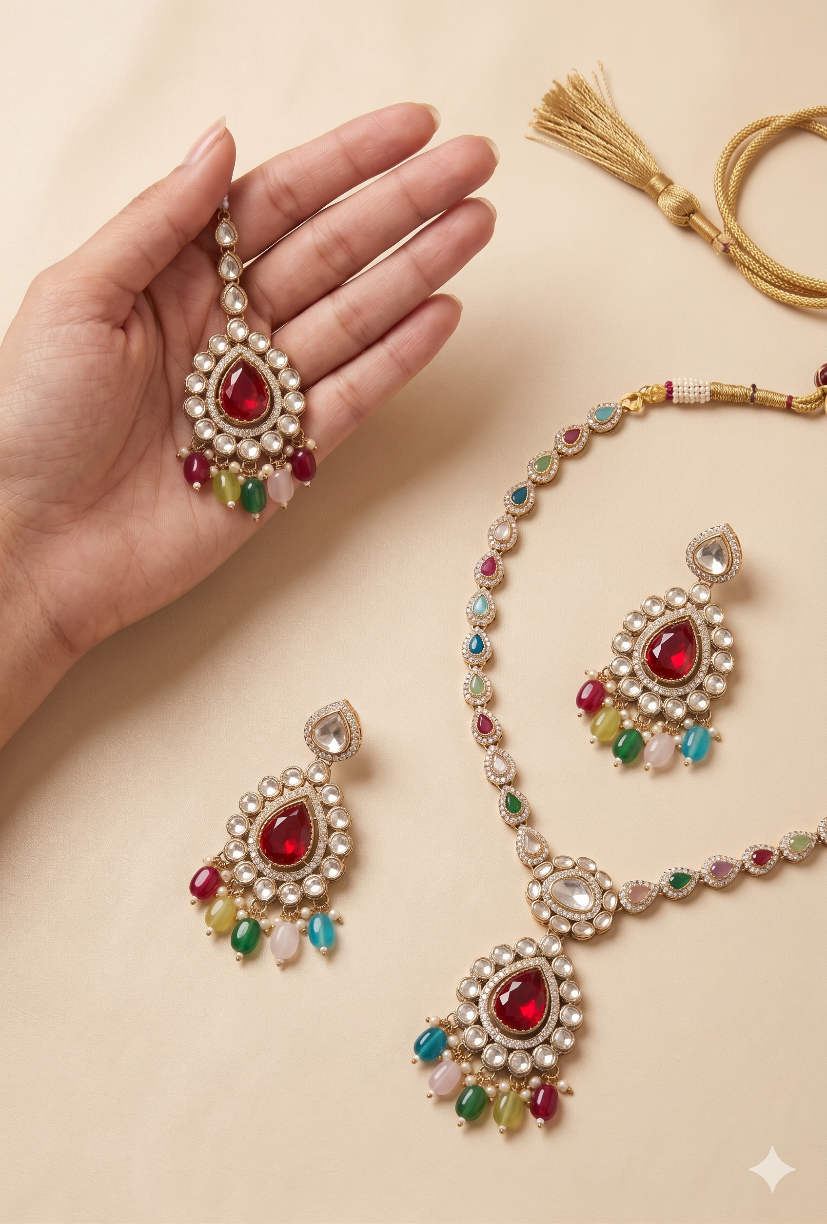 Rang Rasiya - Multicolour Kundan Necklace with Ruby Pendant, Tassel & Chandbalis