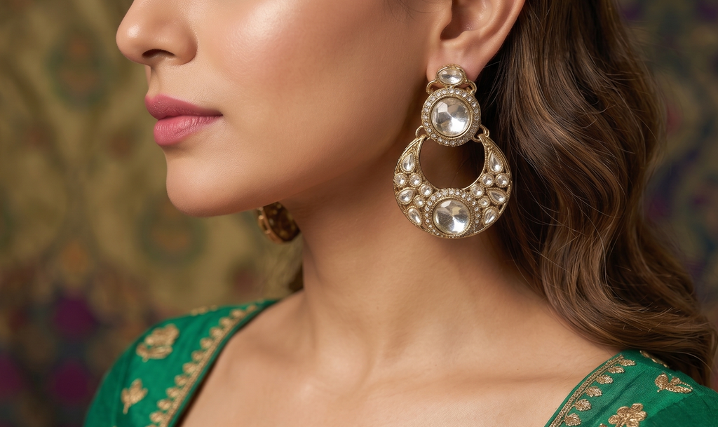 Noor-e-Polki Set- Polki Choker with Crescent Chandbalis & Maang Tikka (Model Look)