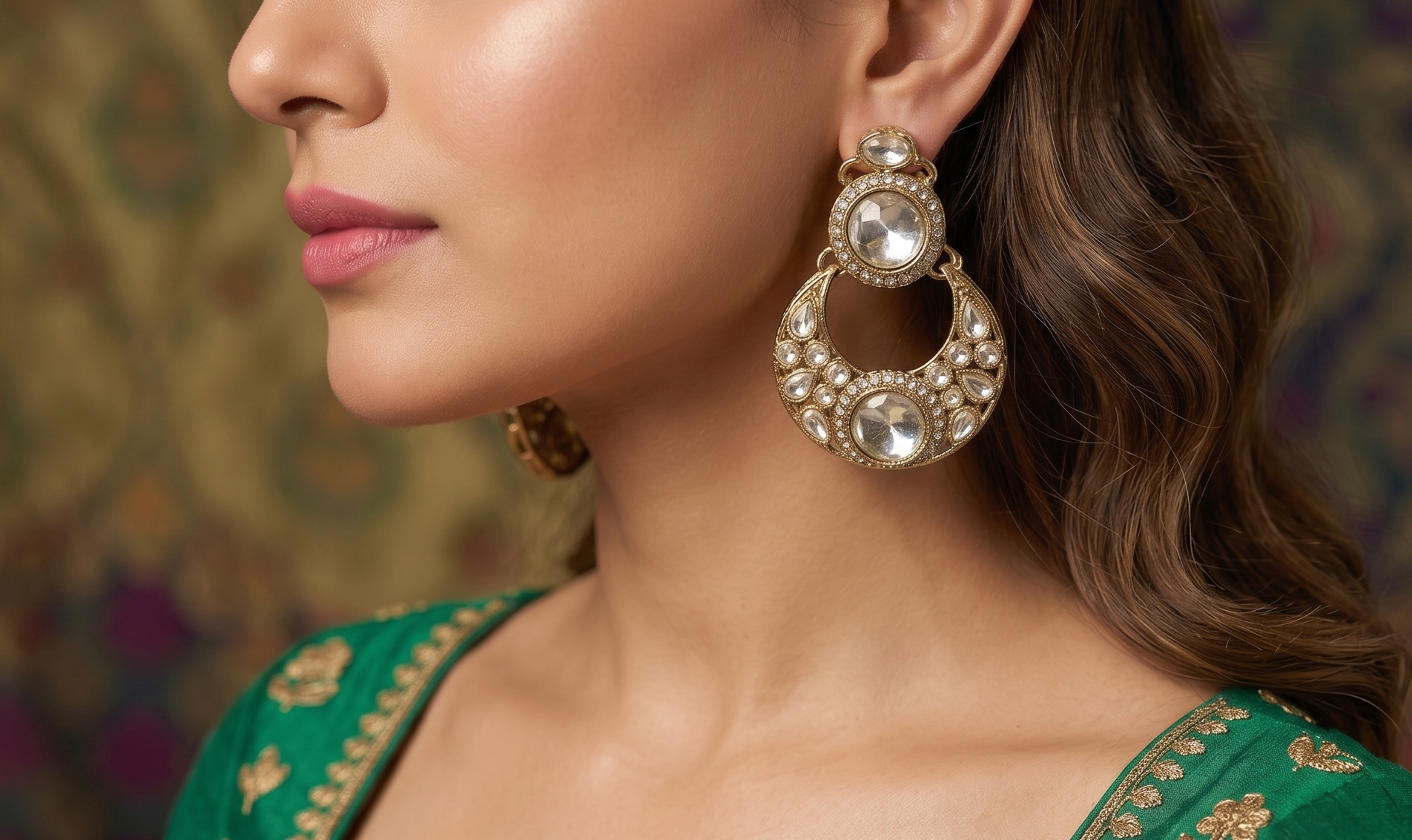 Noor-e-Polki Set- Polki Choker with Crescent Chandbalis & Maang Tikka (Model Look)