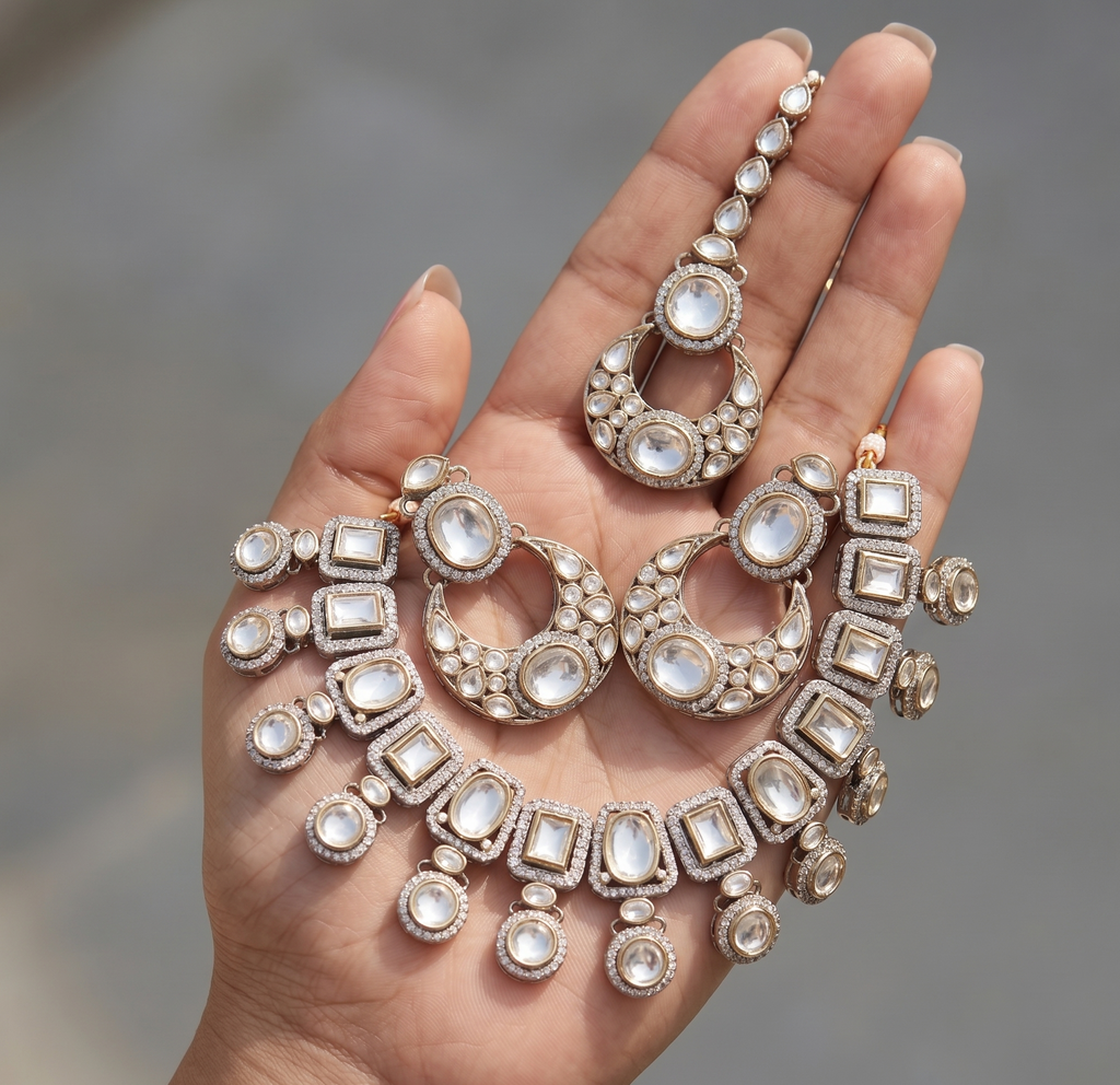 Noor-e-Polki Set- Polki Choker with Crescent Chandbalis & Maang Tikka (Model Look)