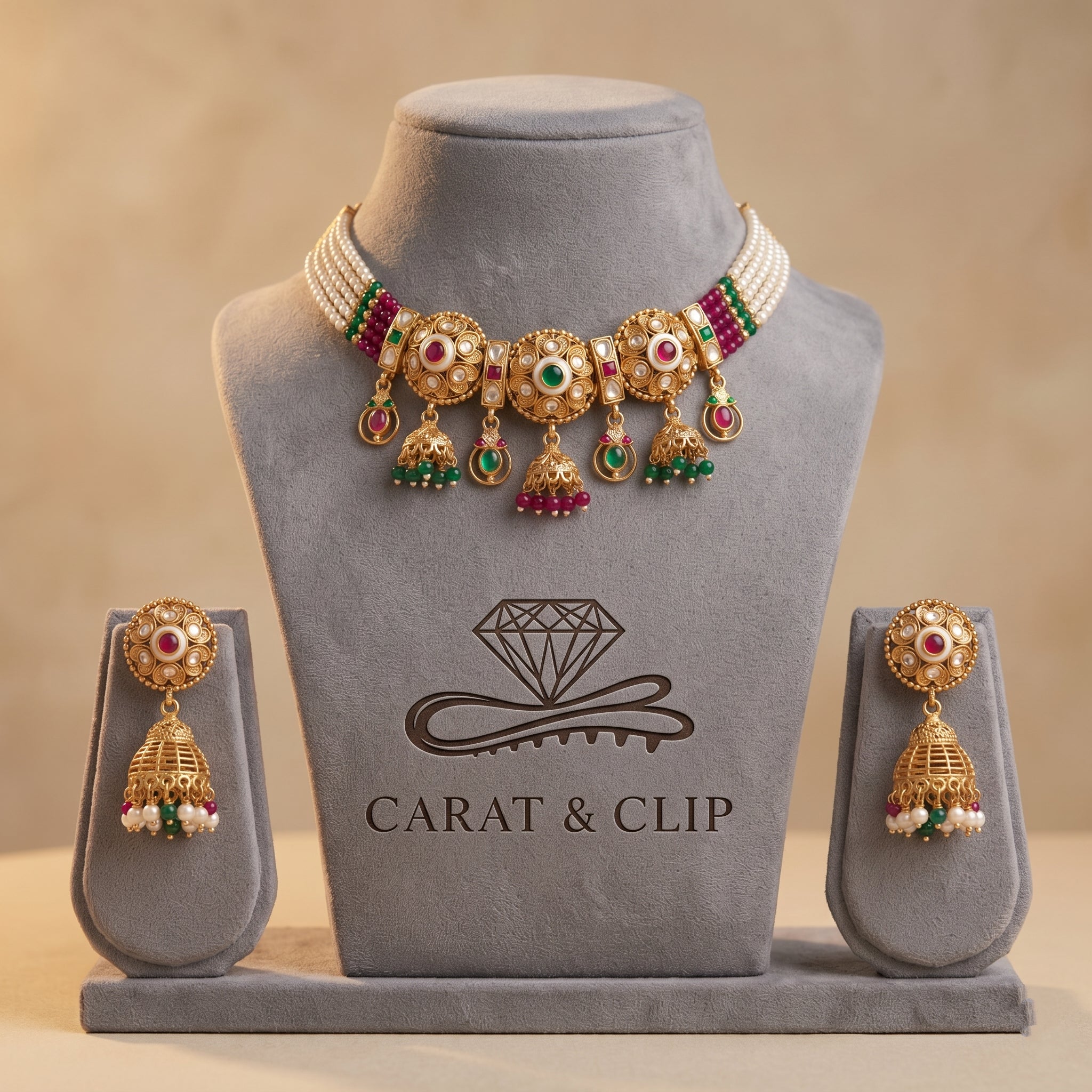 Rang Mahal - Kundan Choker Set with Ruby, Emerald & Jhumka Drops
