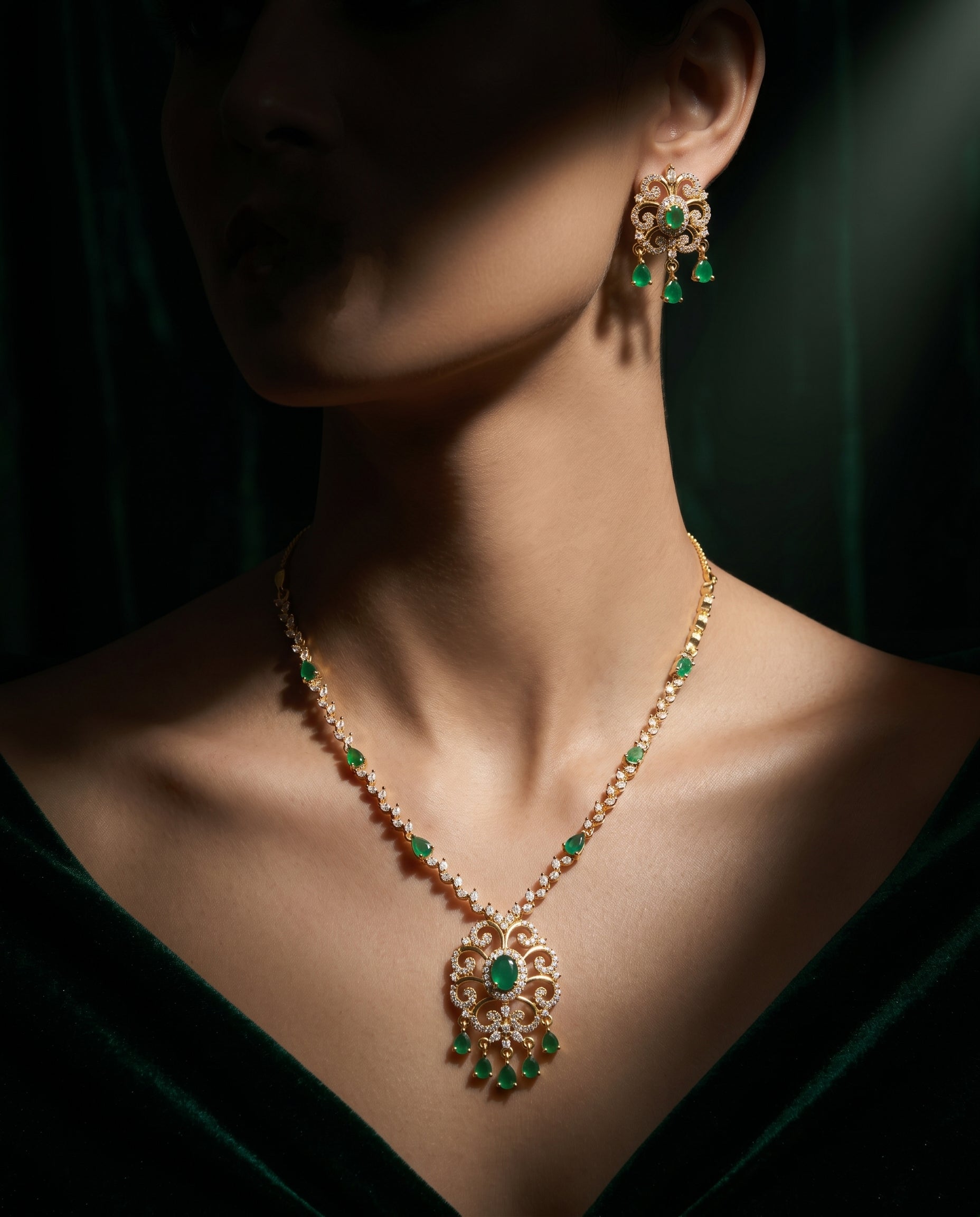 Emerald Eve - Diamond & Emerald Long Necklace Set in Rose Gold (24 Carat Gold Plated)