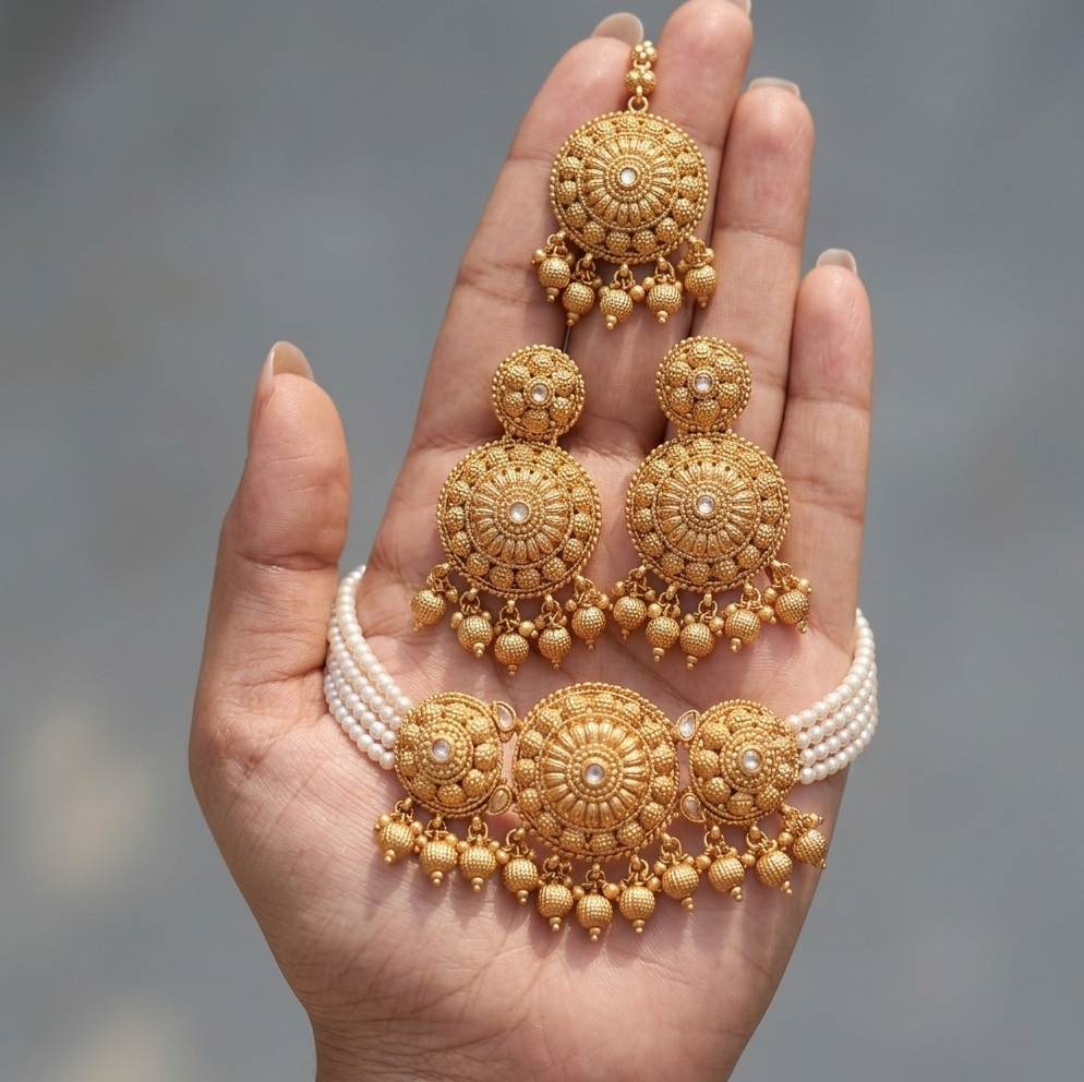 Sone Ki Dastaan Antique - Gold Pearl Choker with Chandbalis & Maang Tikka