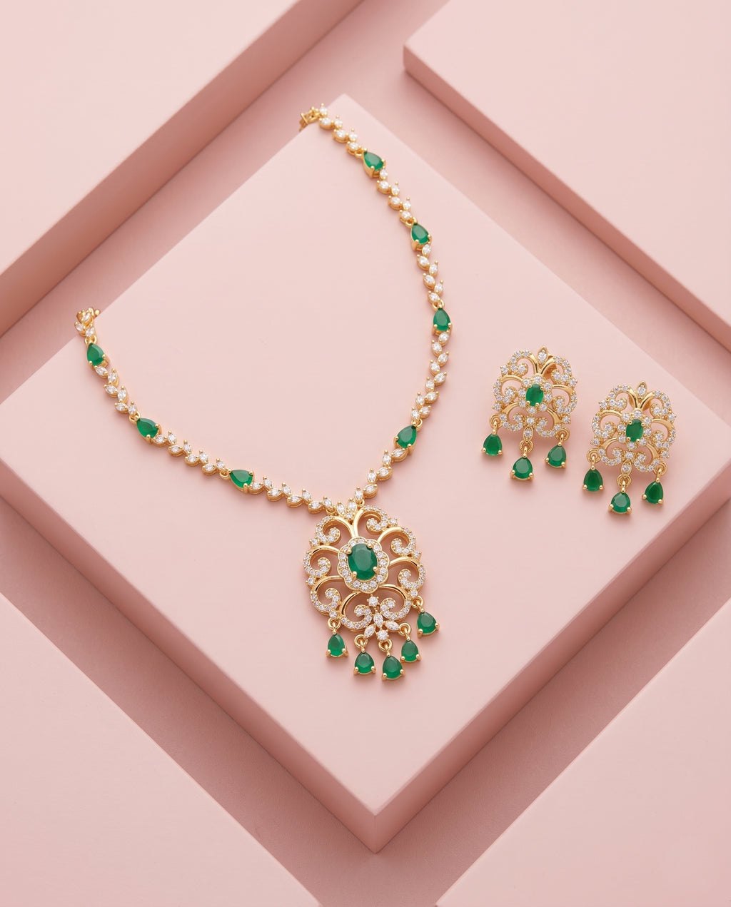 Emerald Eve - Diamond & Emerald Long Necklace Set in Rose Gold (24 Carat Gold Plated)