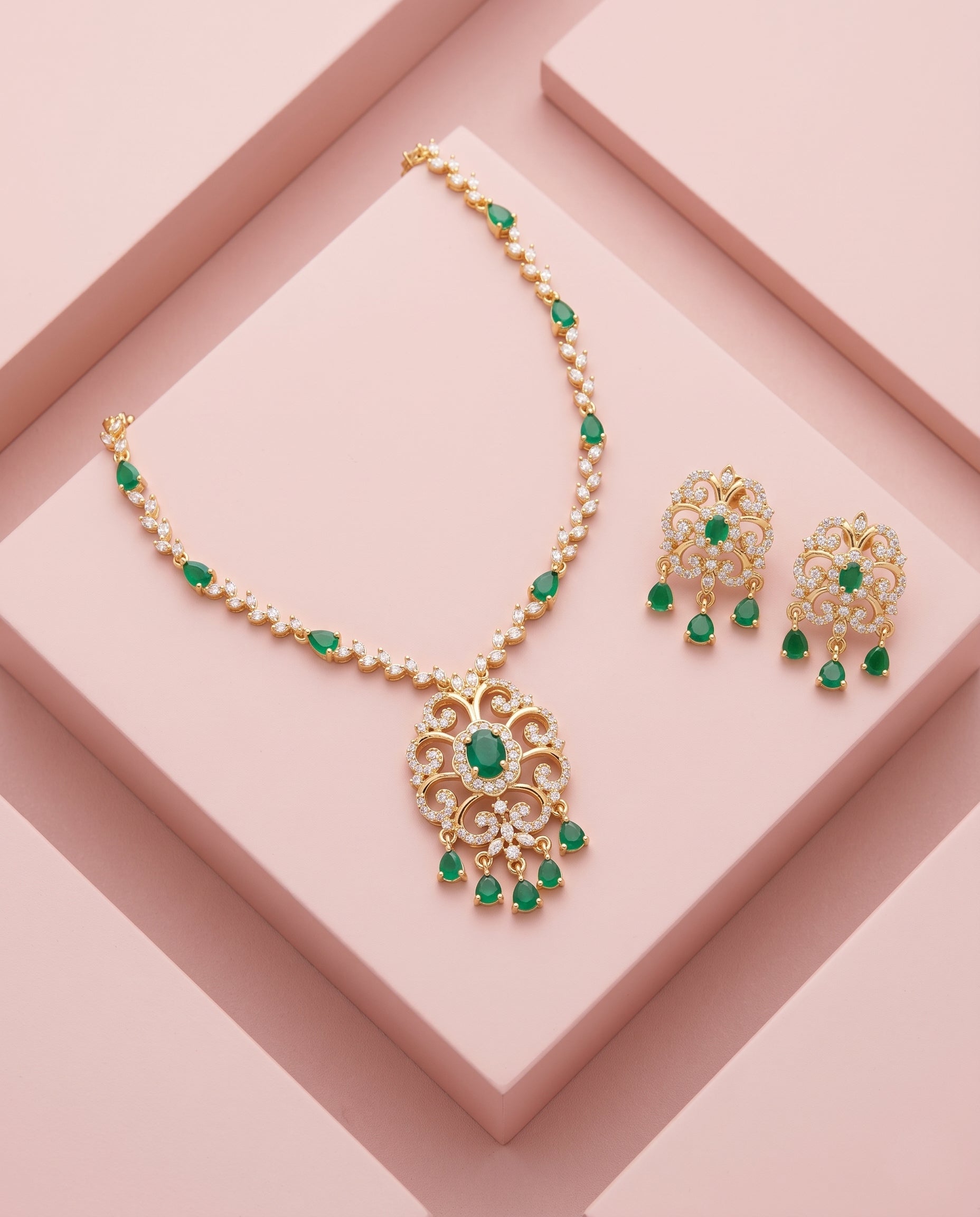 Emerald Eve - Diamond & Emerald Long Necklace Set in Rose Gold (24 Carat Gold Plated)