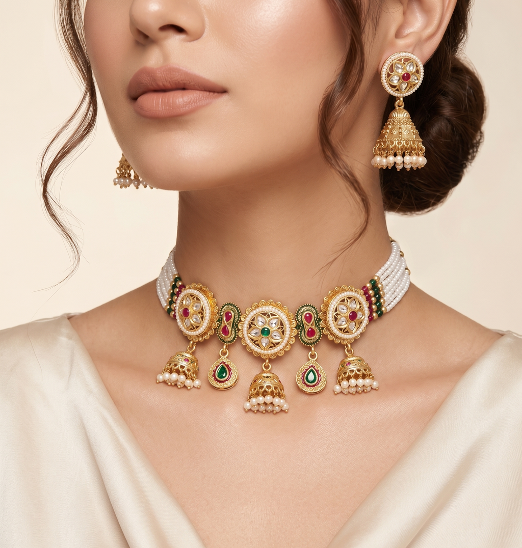 Noor-e-Nikaah - Kundan Pearl Choker with Jhumka & Teardrop Pendants