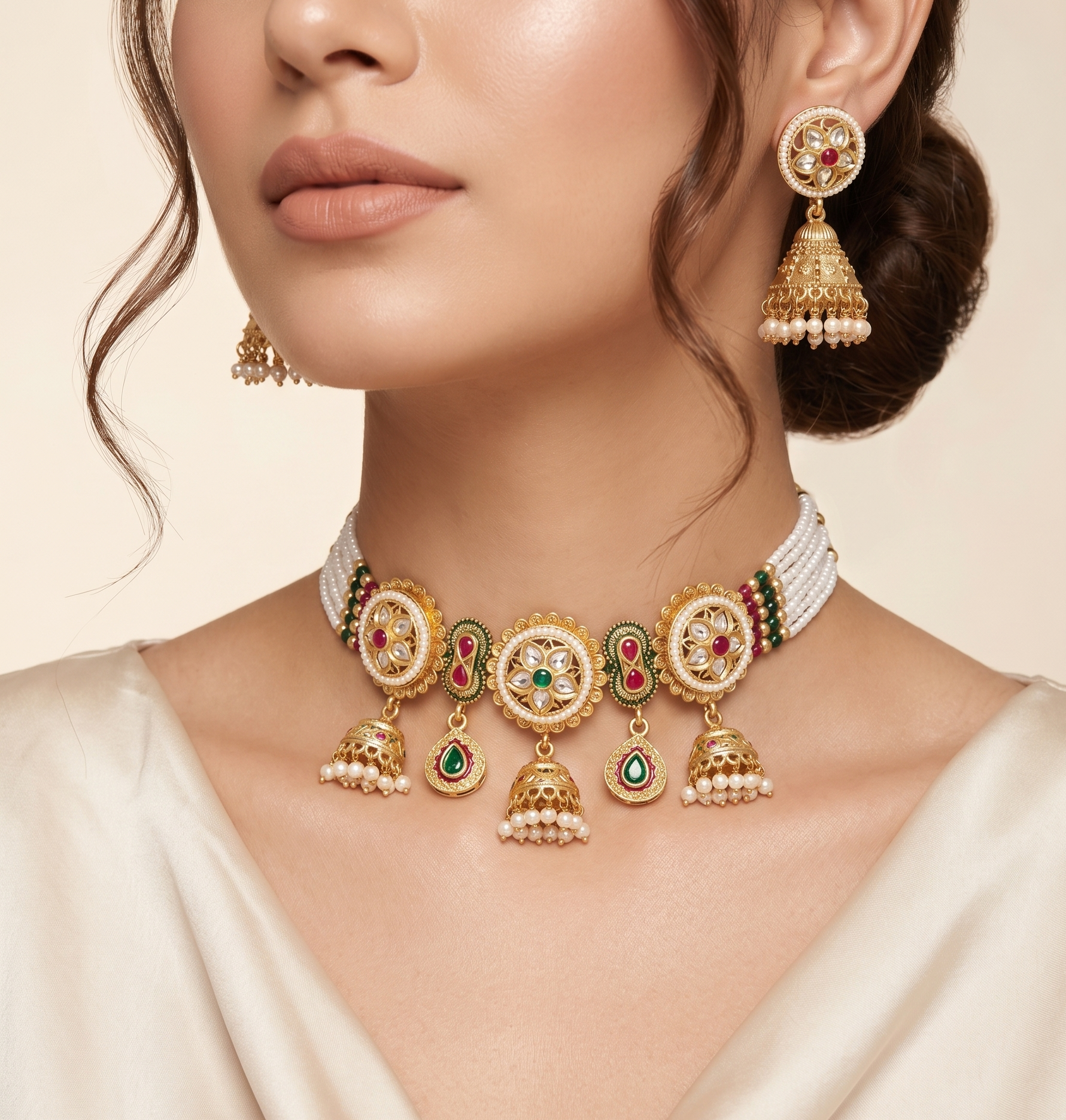 Noor-e-Nikaah - Kundan Pearl Choker with Jhumka & Teardrop Pendants