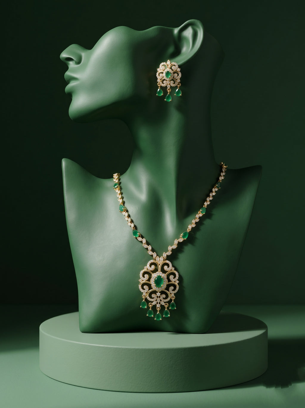 Emerald Eve - Diamond & Emerald Long Necklace Set in Rose Gold (24 Carat Gold Plated)