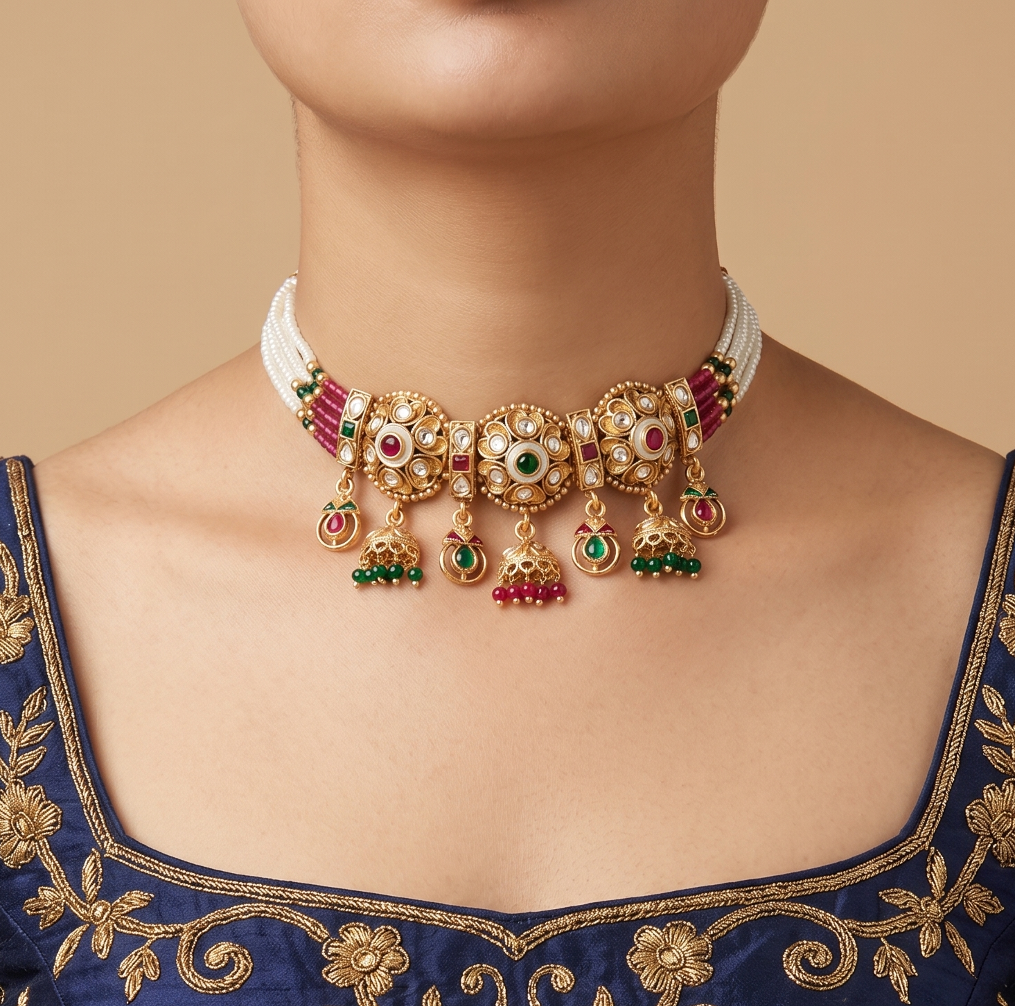 Rang Mahal - Kundan Choker Set with Ruby, Emerald & Jhumka Drops