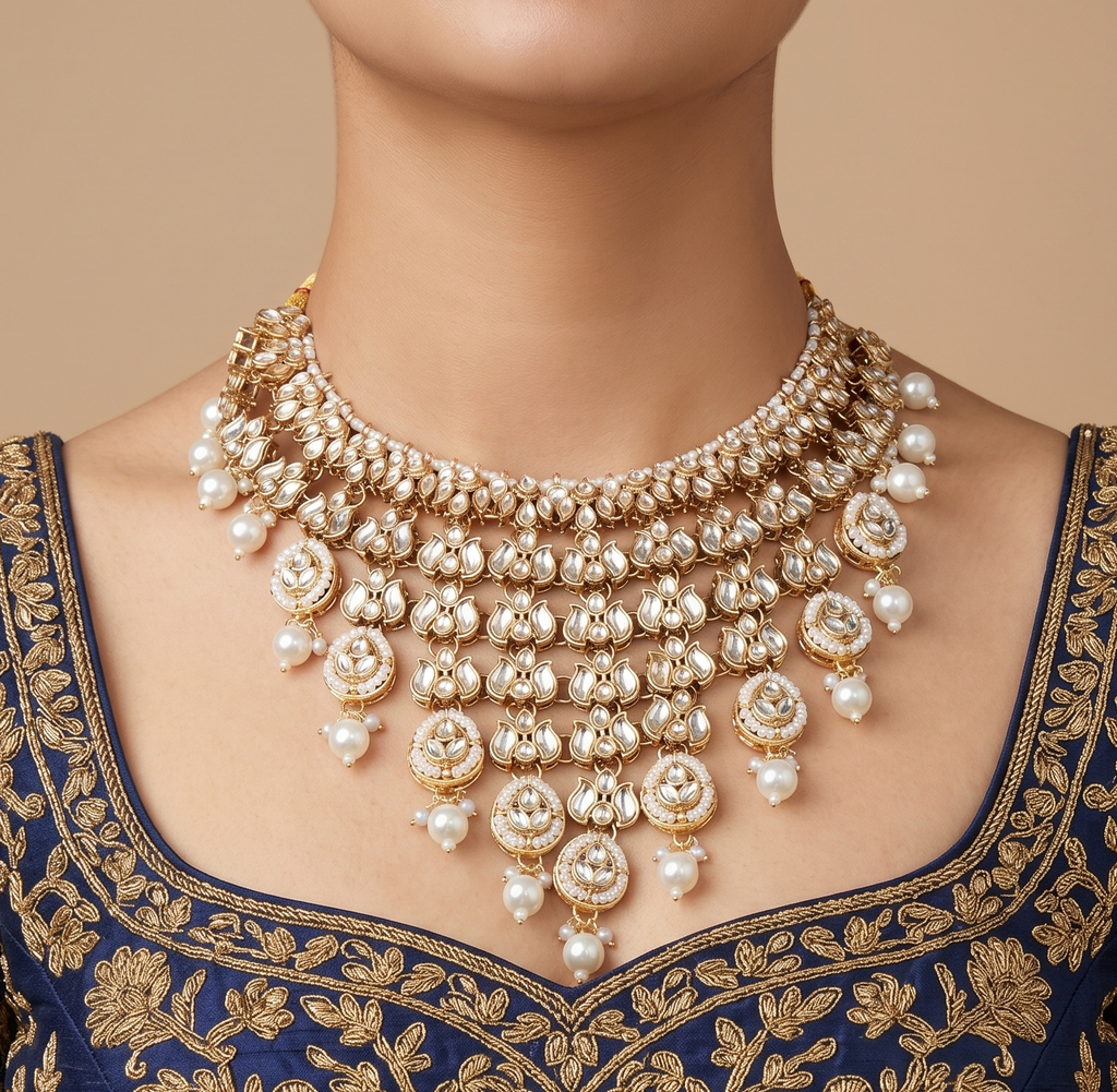 Sheesh Mahal Bride - Heavy Polki Bridal Necklace with Pearl Cascades & Maang Tikka