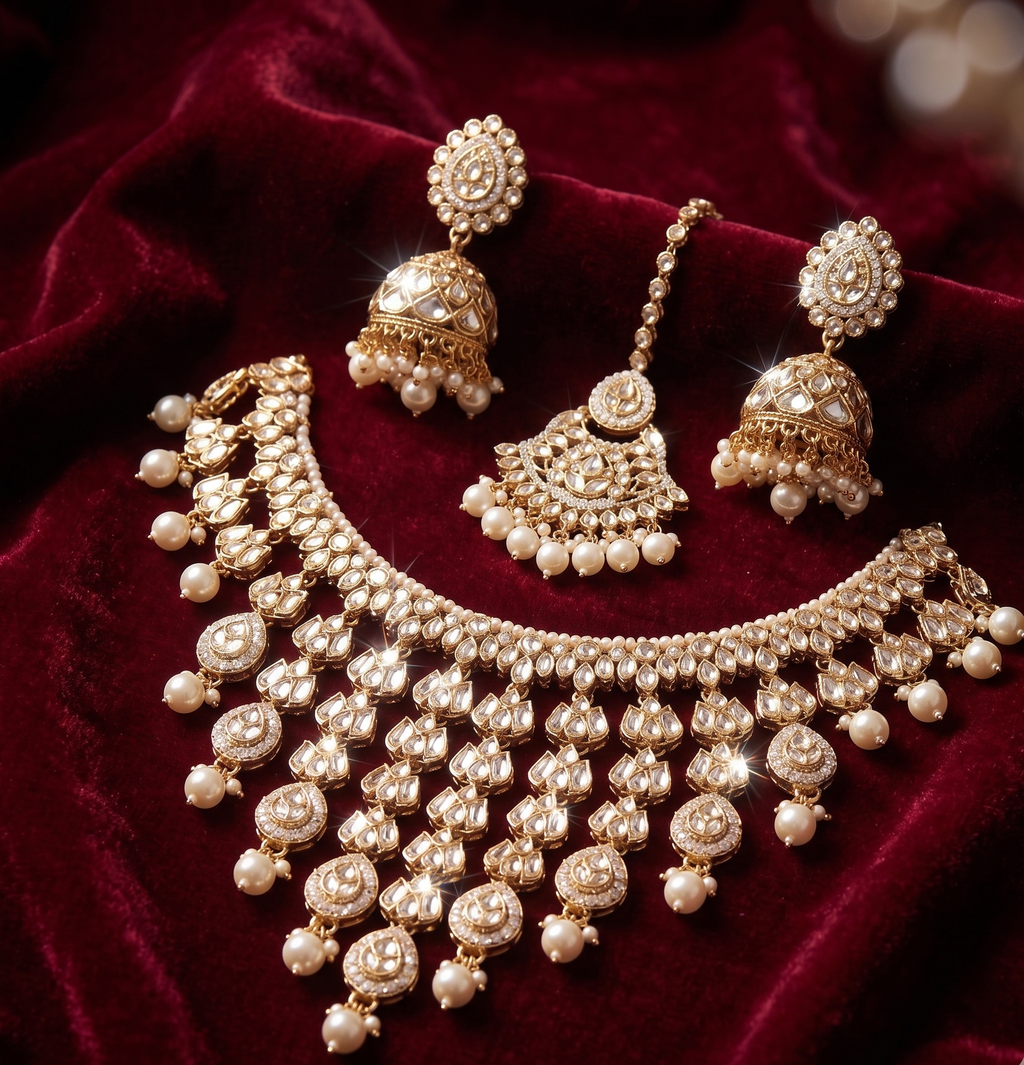 Sheesh Mahal Bride - Heavy Polki Bridal Necklace with Pearl Cascades & Maang Tikka