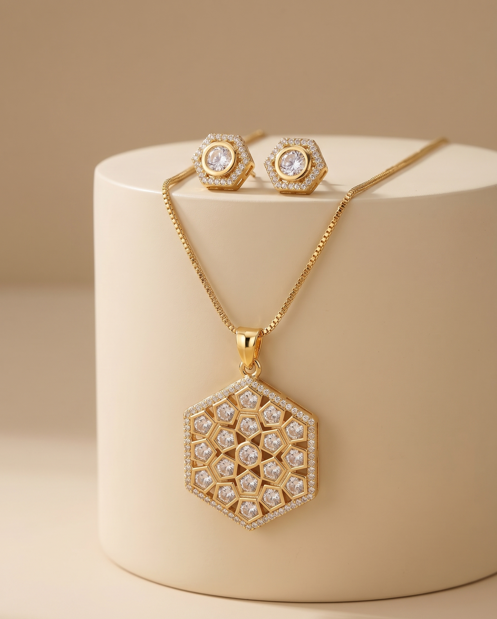 The Geo Edit - Modern Gold Hexagonal CZ Pendant & Stud Set (24 Carat Gold Plated)