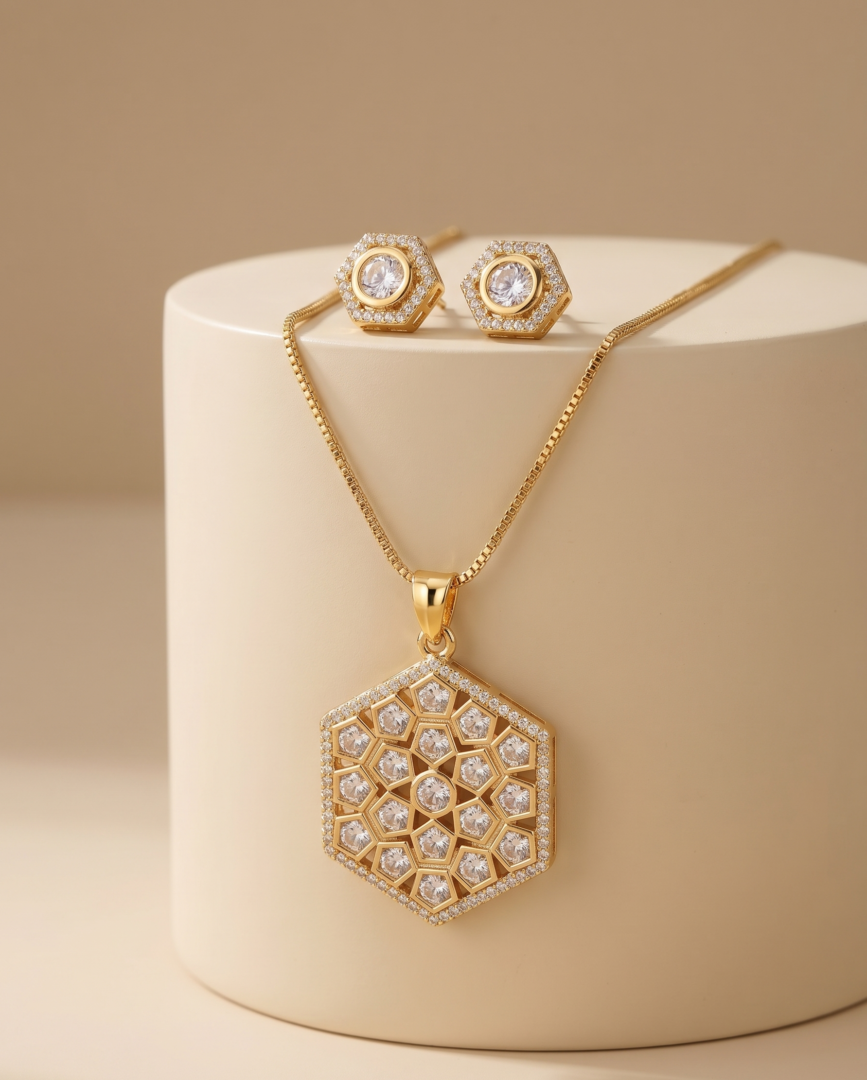 The Geo Edit - Modern Gold Hexagonal CZ Pendant & Stud Set (24 Carat Gold Plated)