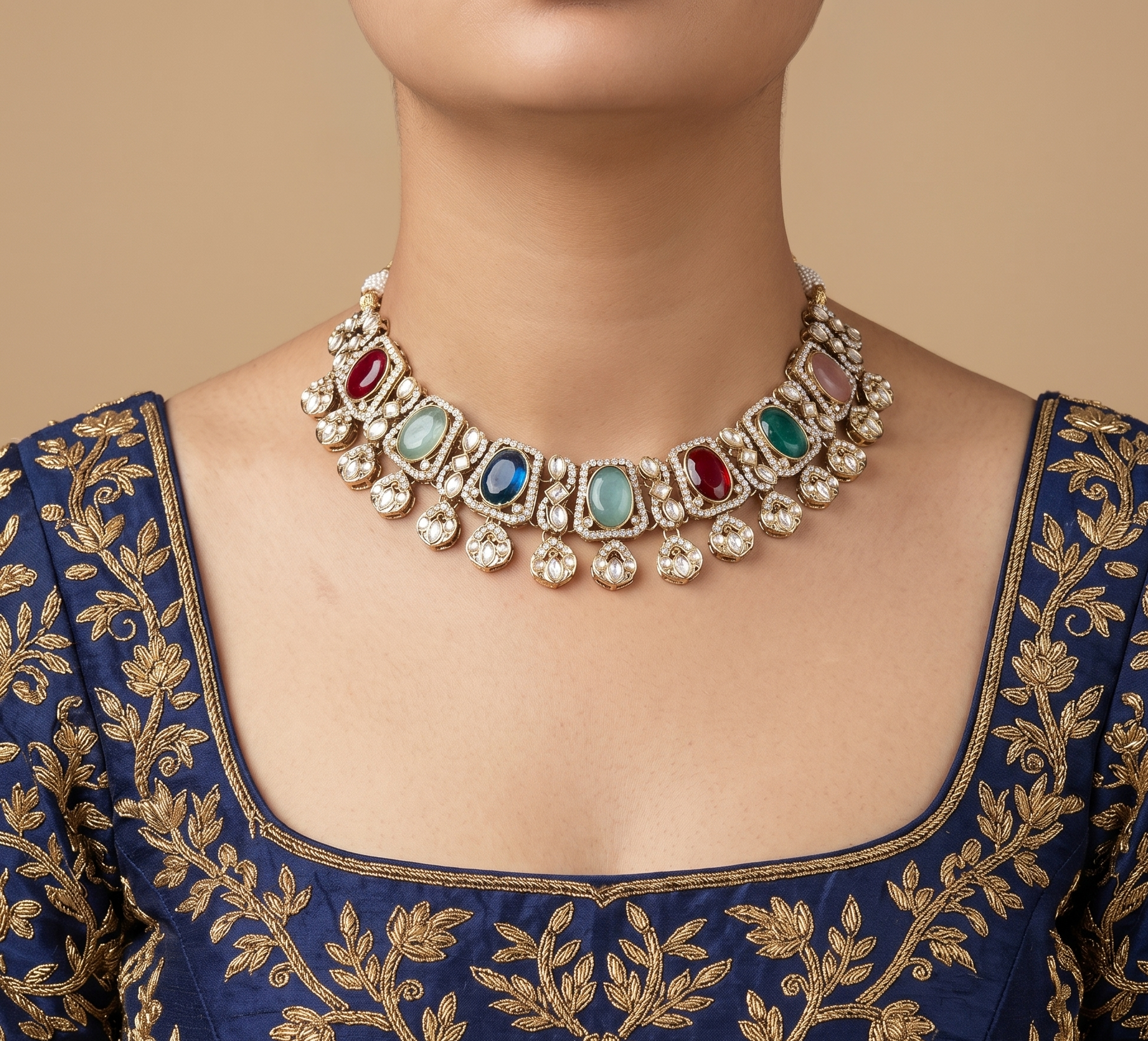 Panchratna - Multicolour Gemstone Polki Necklace Set with Maang Tikka