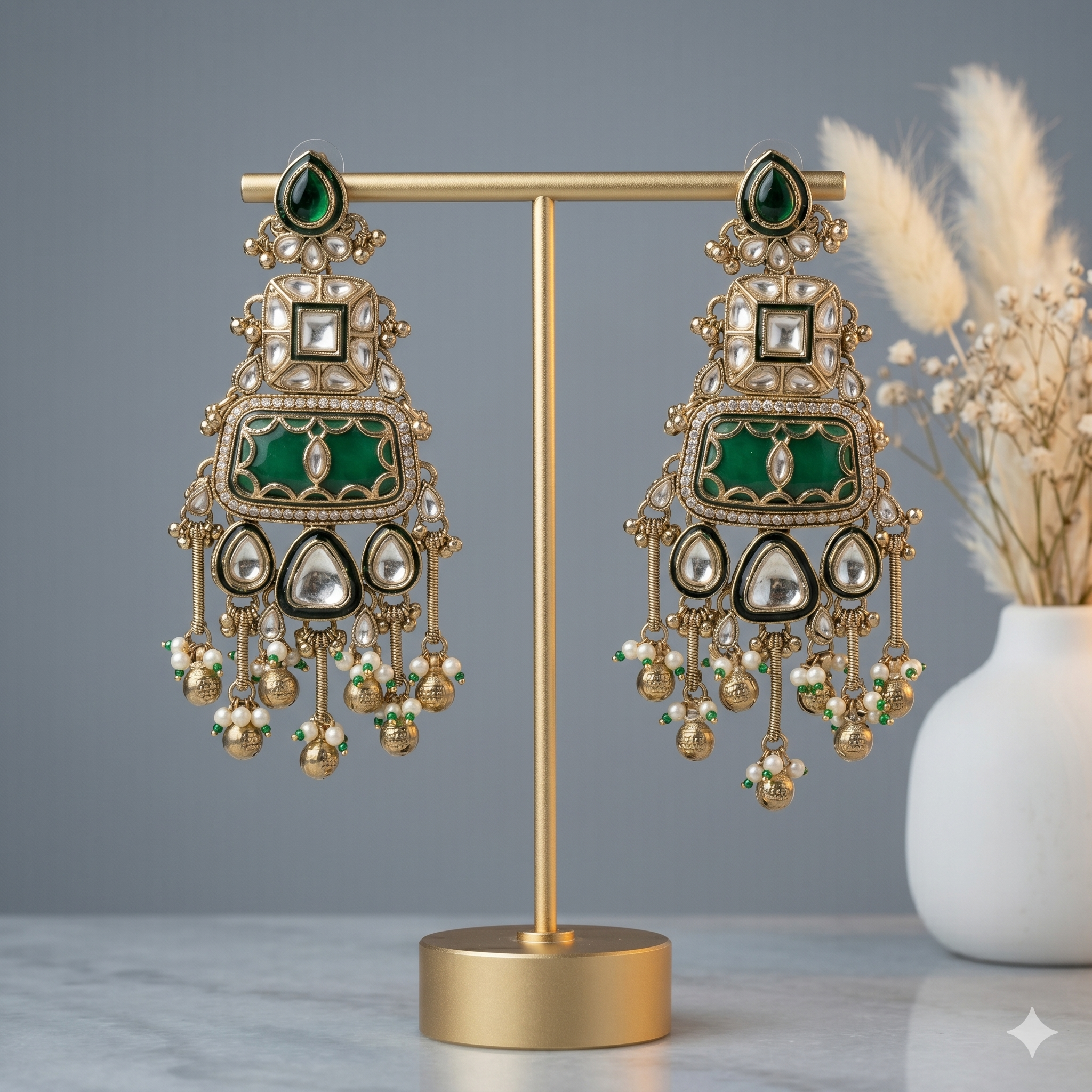 Imperial Emerald & Kundan Tiered Chandelier Earrings