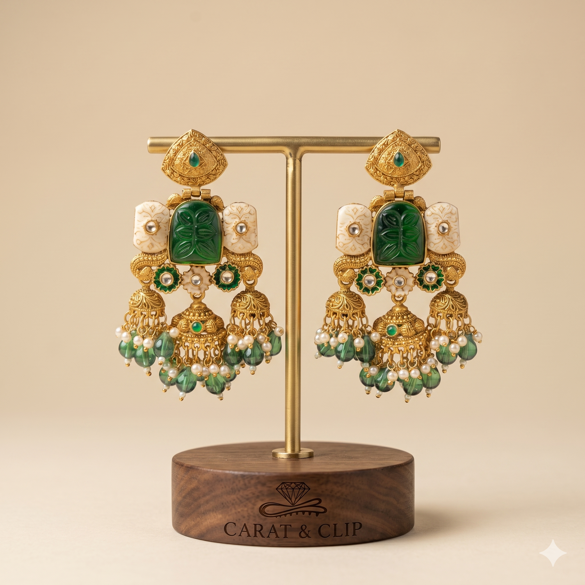 Heritage Emerald Carved Triple Jhumkas