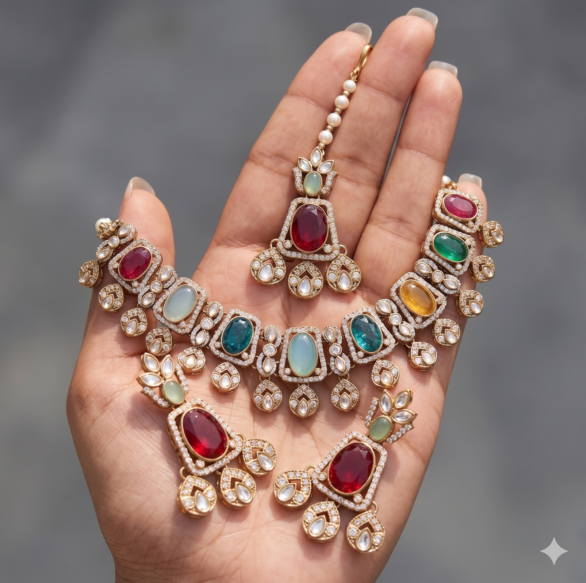 Panchratna - Multicolour Gemstone Polki Necklace Set with Maang Tikka