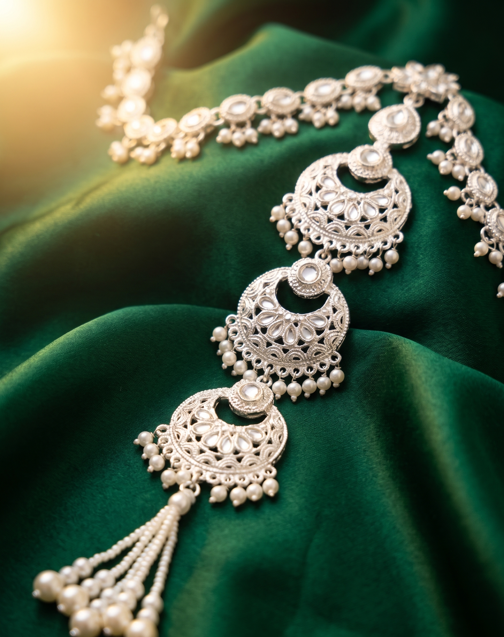 Silver Pearl Kundan Bridal Necklace Hair Chain