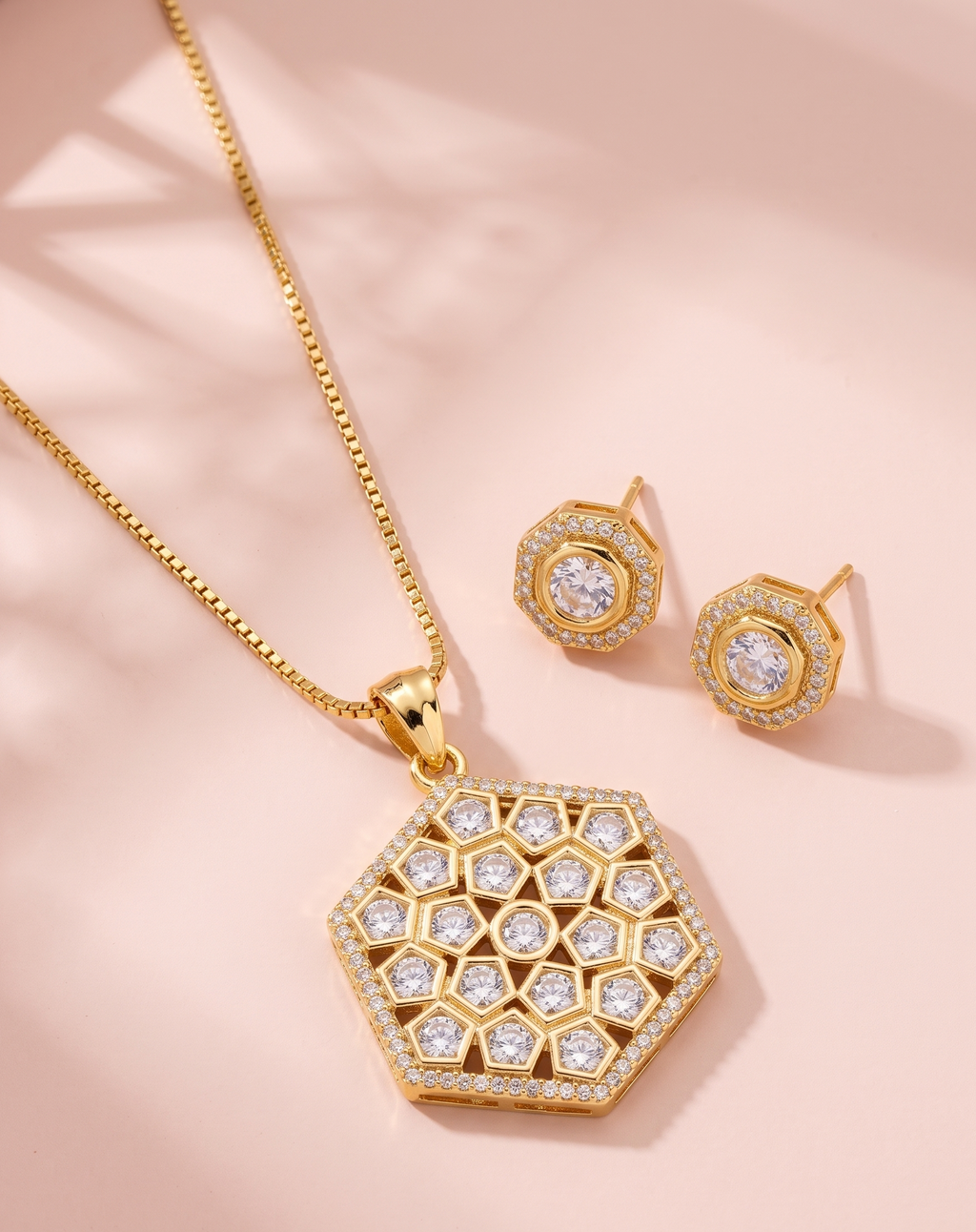 The Geo Edit - Modern Gold Hexagonal CZ Pendant & Stud Set (24 Carat Gold Plated)