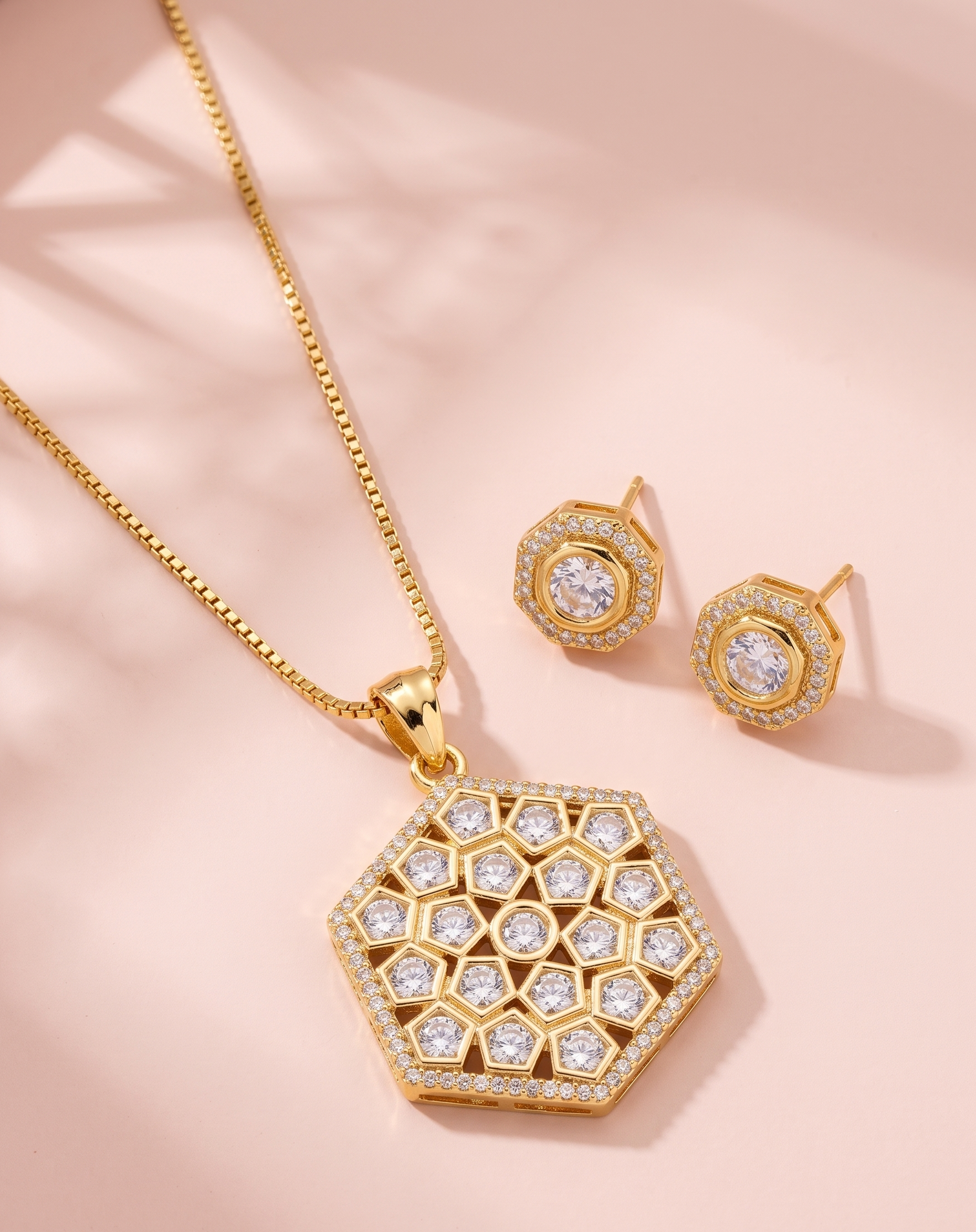 The Geo Edit - Modern Gold Hexagonal CZ Pendant & Stud Set (24 Carat Gold Plated)