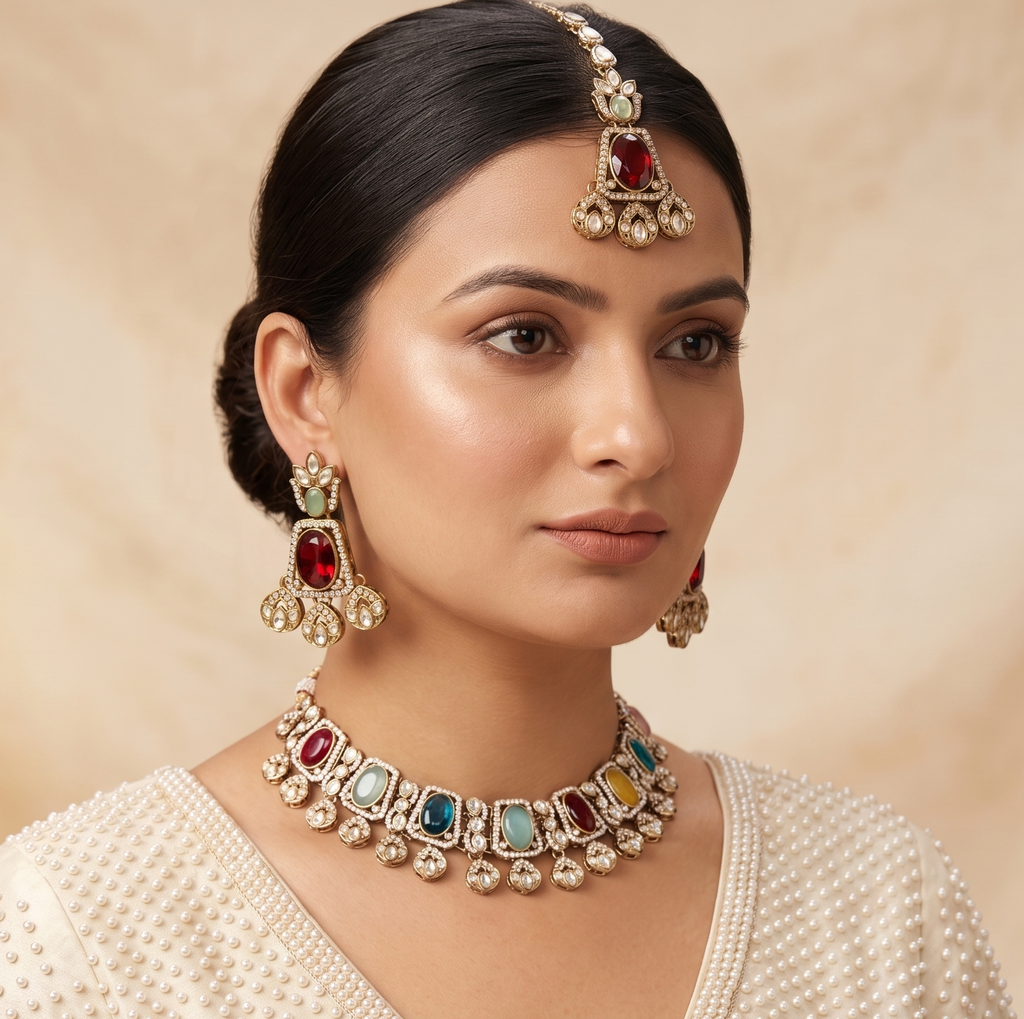 Panchratna - Multicolour Gemstone Polki Necklace Set with Maang Tikka